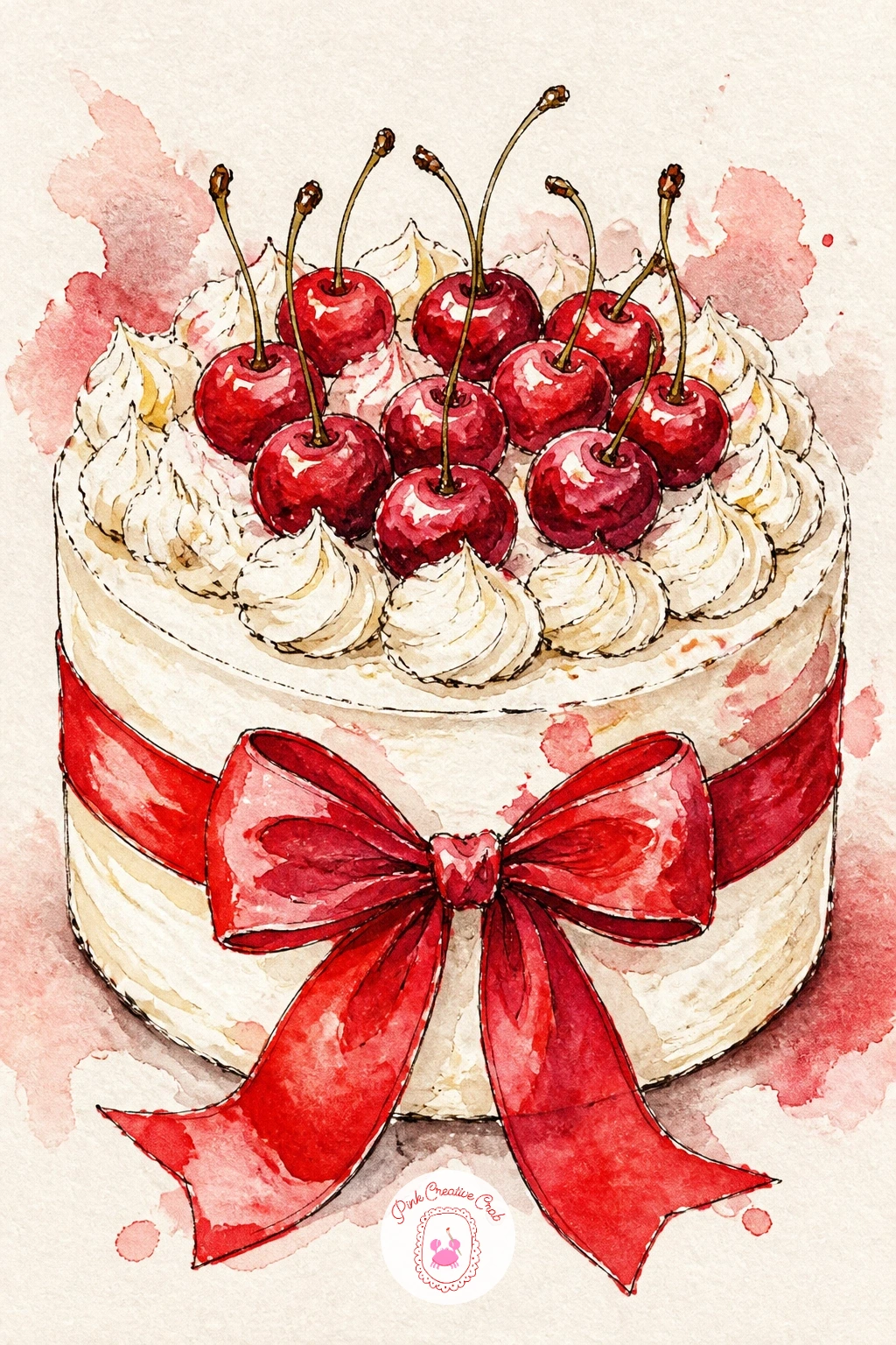 Cake With Red Ribbon and Cherries — Draw a simple round layer cake first, straight sides, flat top, then wrap a wide ribbon shape around its middle before any