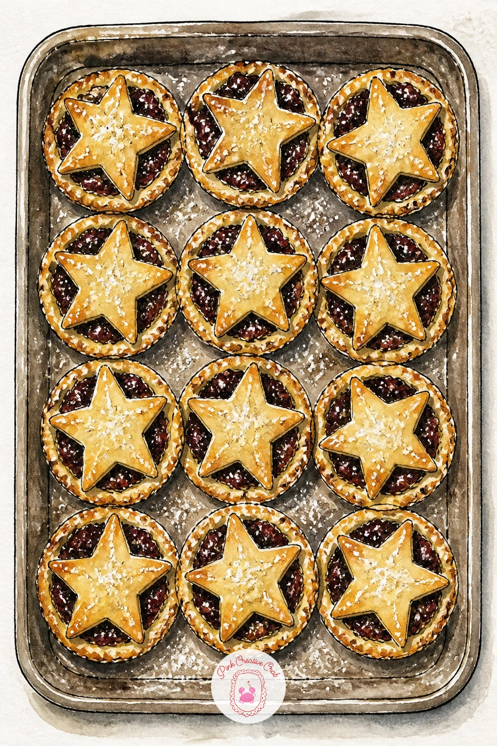 Tray of Mince Pies With Stars — Place five or six small round pies in a loose grid, each one a simple circle with a star shaped cutout of pastry on top.