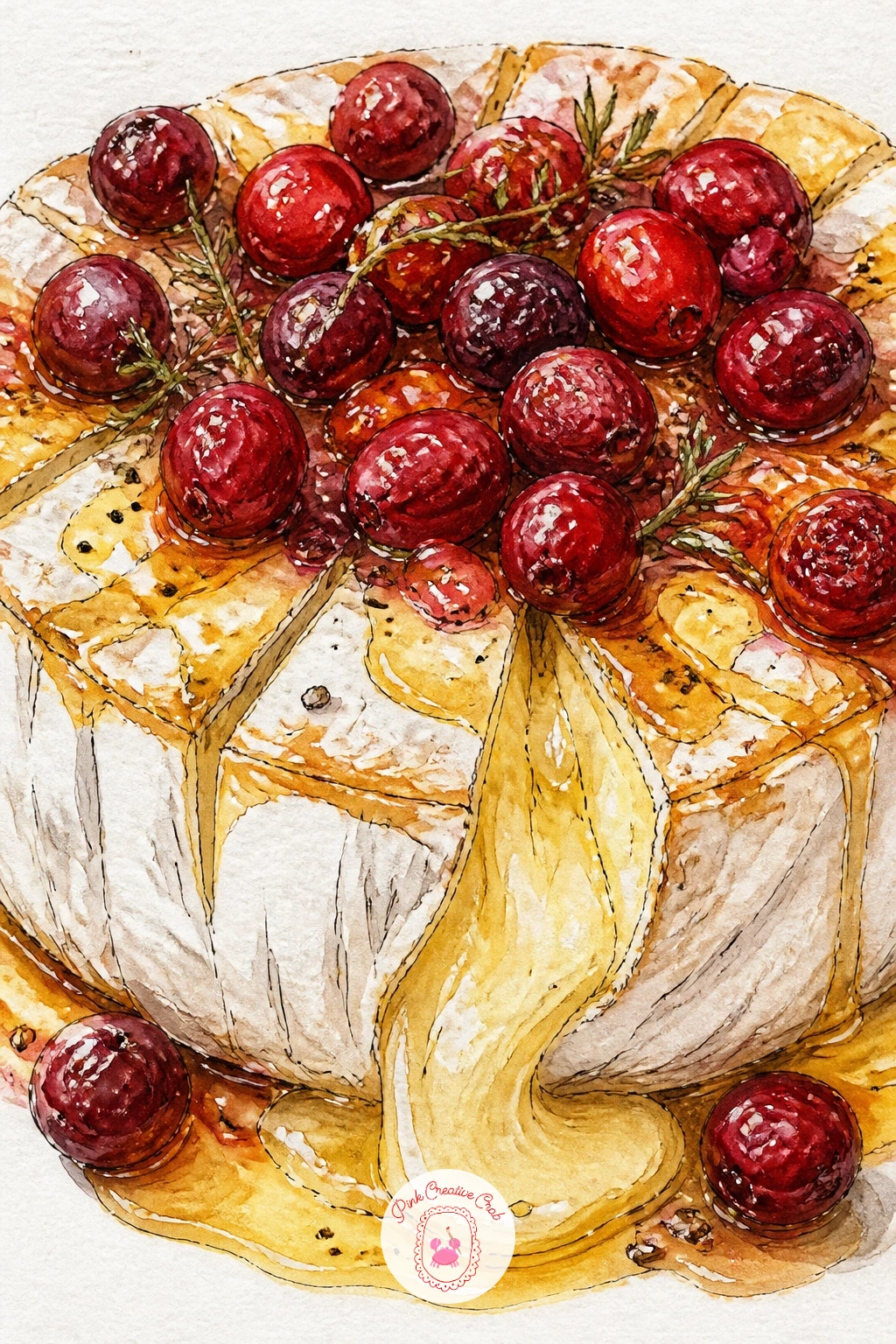 Brie Baked With Cranberries — Center a round wheel shape on the page, drawn with a slightly melted bulging edge rather than a crisp circle, since brie baked