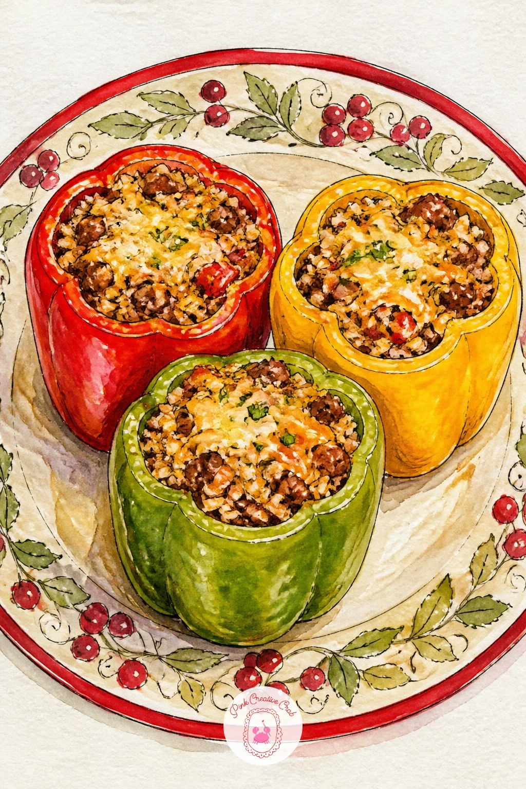 Stuffed Peppers on a Festive Plate — Draw three peppers standing upright side by side, each a simple rounded shape with the top sliced off and filling piled