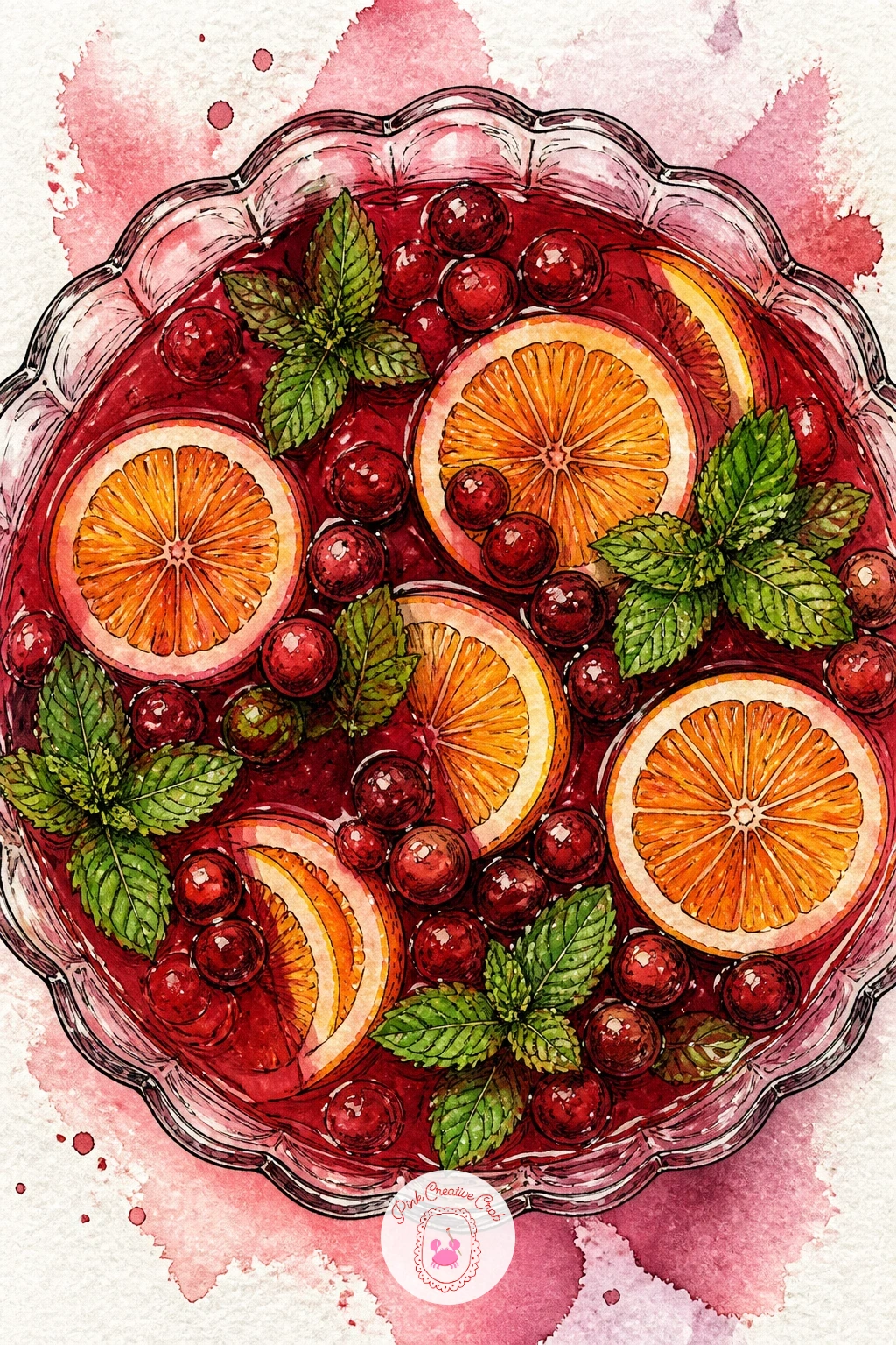 Christmas Punch With Floating Fruit — Sketch a wide bowl shape first, a simple curved basin viewed from slightly above so the liquid surface inside reads as an