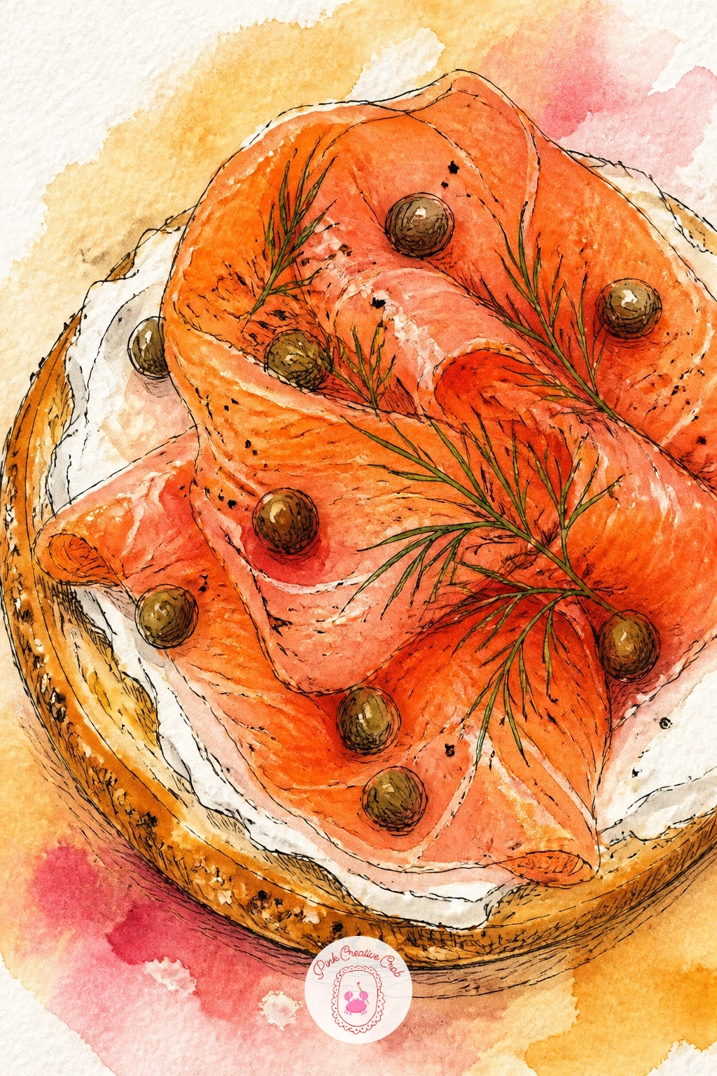 Bagel Brunch With Salmon and Dill — Place an open faced bagel half at the center of the page, drawn as a thick ring shape with the hole clearly visible, then
