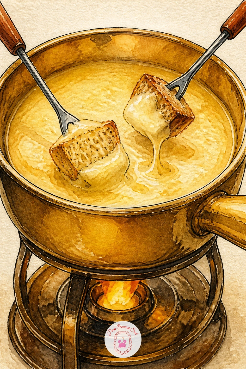 Fondue Pot With Bread — Draw the pot first, a simple rounded vessel on short legs with a small flame shape beneath it, then surround it with chunks of bread on
