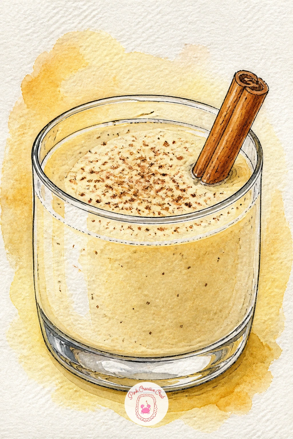 Eggnog With Nutmeg — Draw a short wide glass first, simple straight sides, then fill it most of the way with a pale creamy liquid leaving a little headroom at