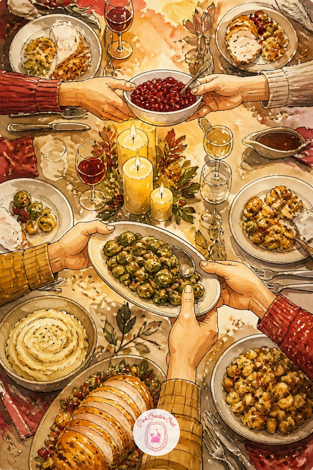 Family Passing Dishes at the Table — Frame this one wide: a candlelit table seen from one end, two or three hands reaching to pass a dish, with plates, glasses