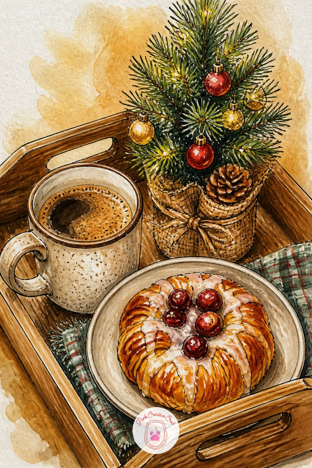 Cozy Breakfast Tray With Mini Tree — Sketch a wooden tray shape first, then arrange a small plate, a mug and a tiny potted tree across it, each item kept