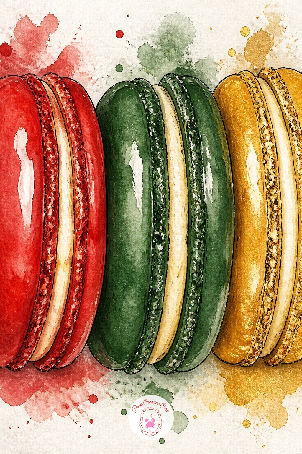 Macarons in Red, Green and Gold — Line up five or six macaron shells, each a simple flattened circle with a ruffled foot edge, arranged in a loose row or small