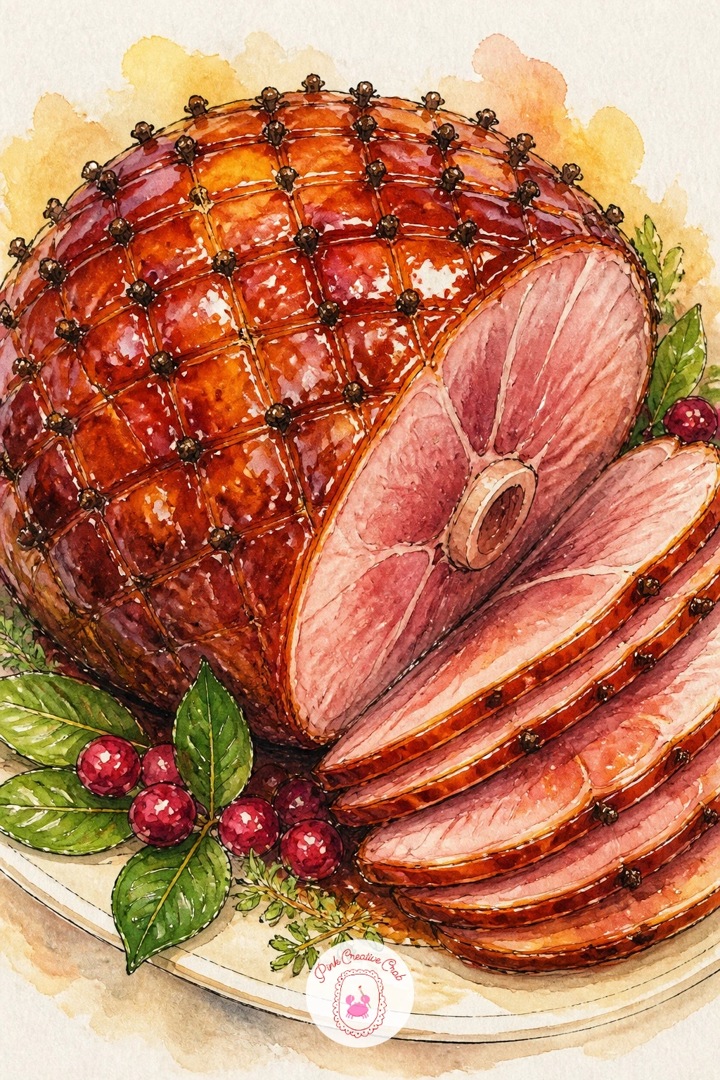 Glazed Ham With Cloves — Draw the ham's rounded wedge shape first, wider at one end, tapering toward the bone, then plan a diamond crosshatch pattern lightly