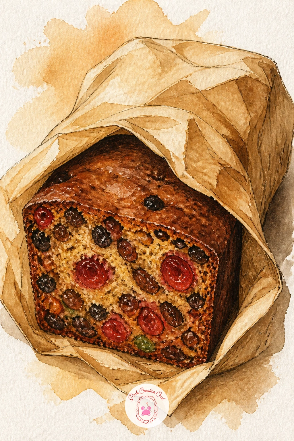 Fruit Cake Wrapped in Paper — Draw a simple rectangular loaf shape first, then wrap it loosely in paper, the paper drawn as a few soft folded planes rather