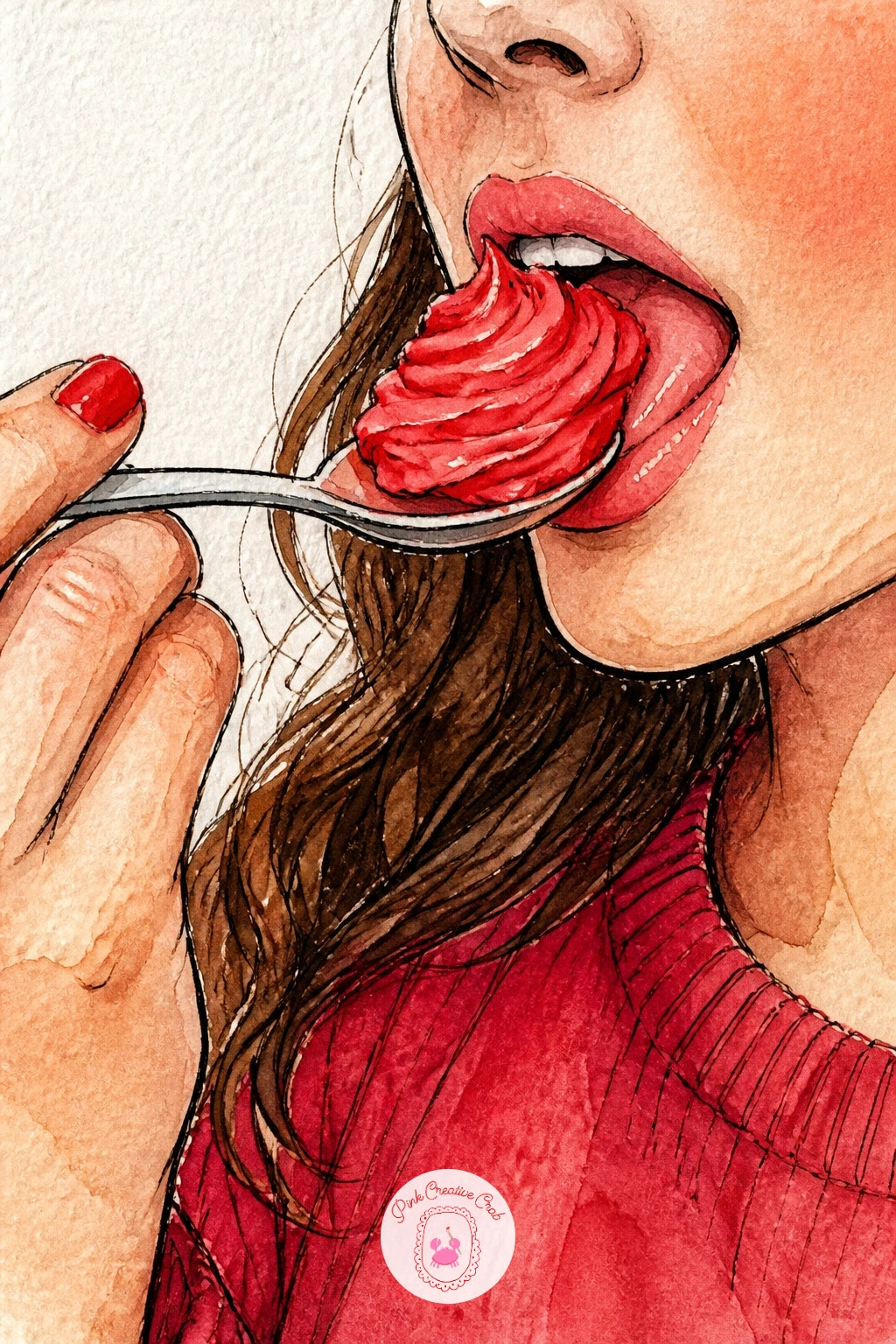 Girl Licking Frosting From a Spoon — Sketch the hand and spoon first, a simple relaxed grip with the spoon tilted up toward an implied mouth just at the edge