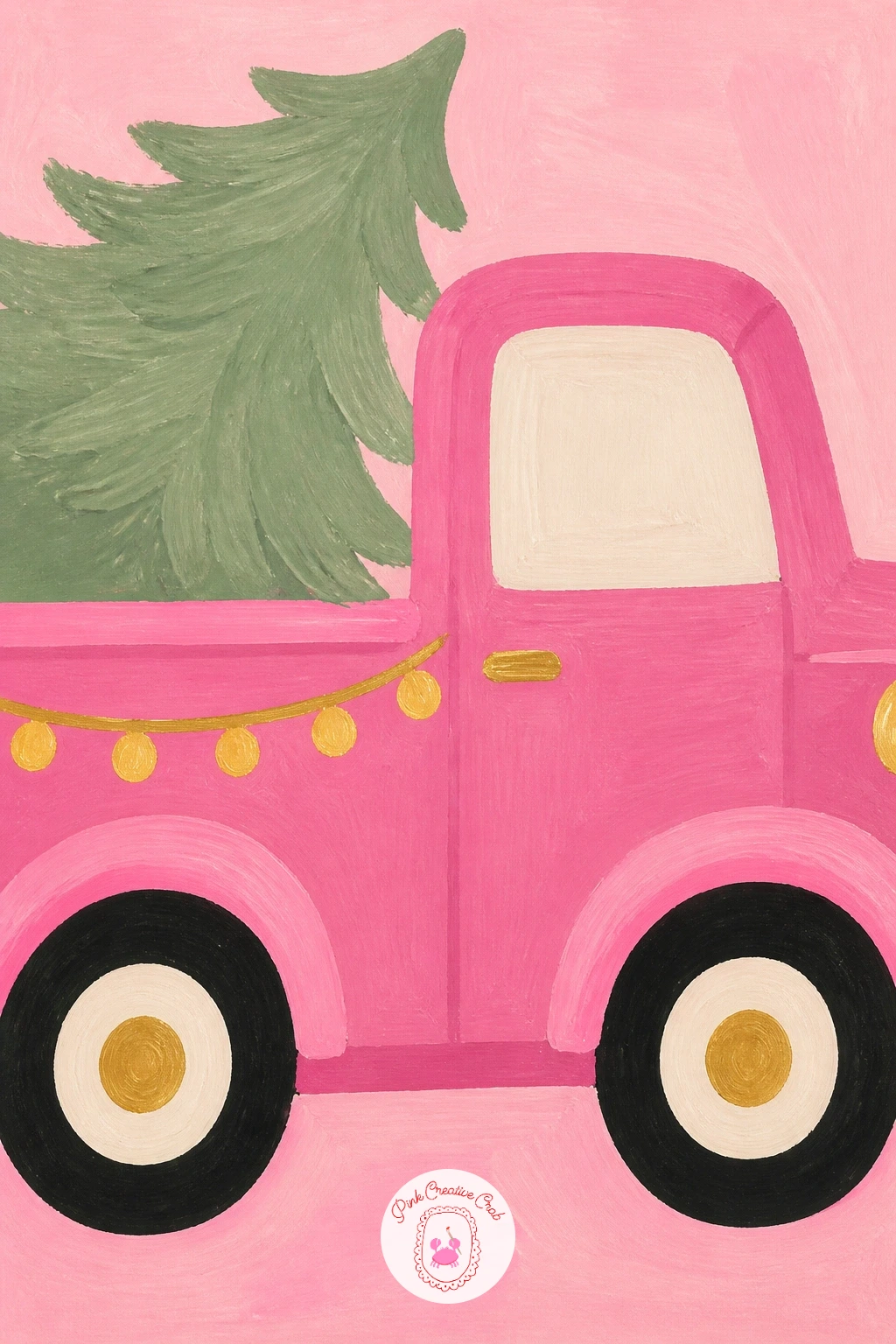 Pink Christmas Truck With A Tree In The Back — Return to vehicles with a pink Christmas truck hauling a tree in its bed. Pink christmas painting