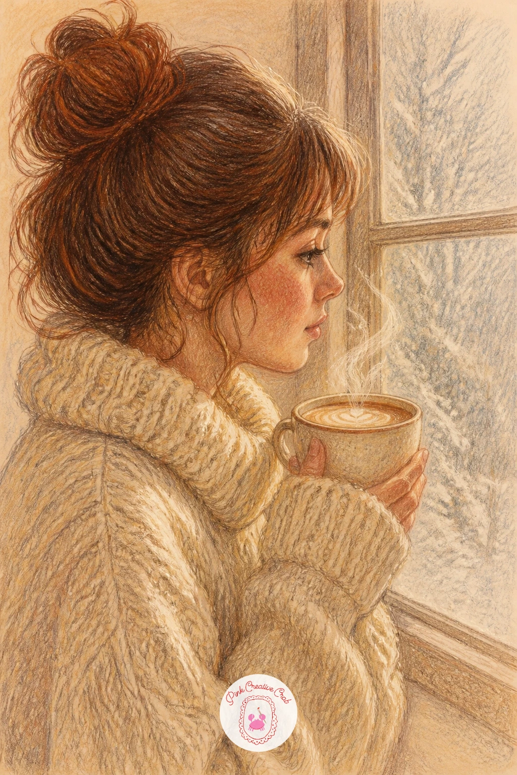 Girl With Latte By Frosty Window — Sketch the girl in a chunky knit sweater first, since her pose carries the whole scene: shoulders relaxed, mug cupped in