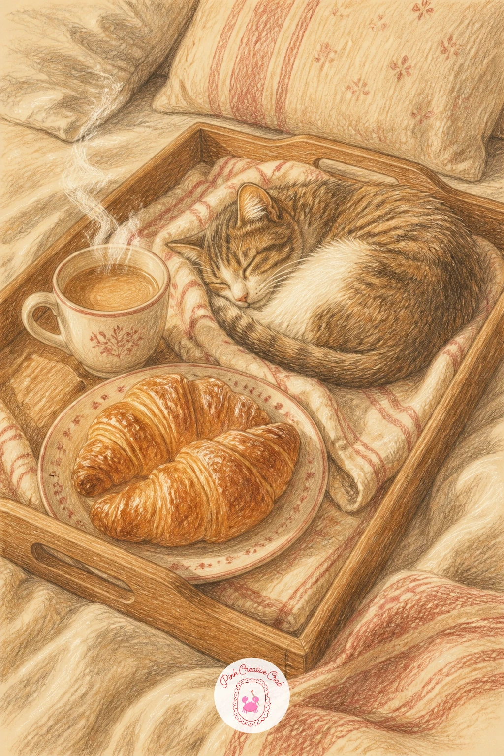 Breakfast Tray With Sleeping Cat — Breakfast tray scenes work best built from the tray outward, so start with its rectangle shape sitting across the blanket