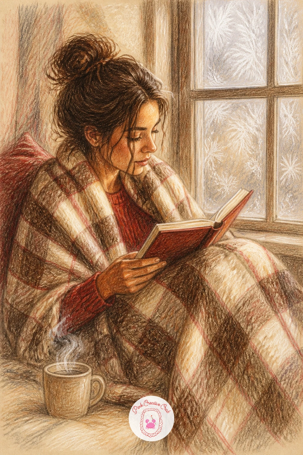 Woman Reading On A Window Seat — Place the window seat first as a simple rectangle shape with the woman settled into its corner, knees drawn up, checked