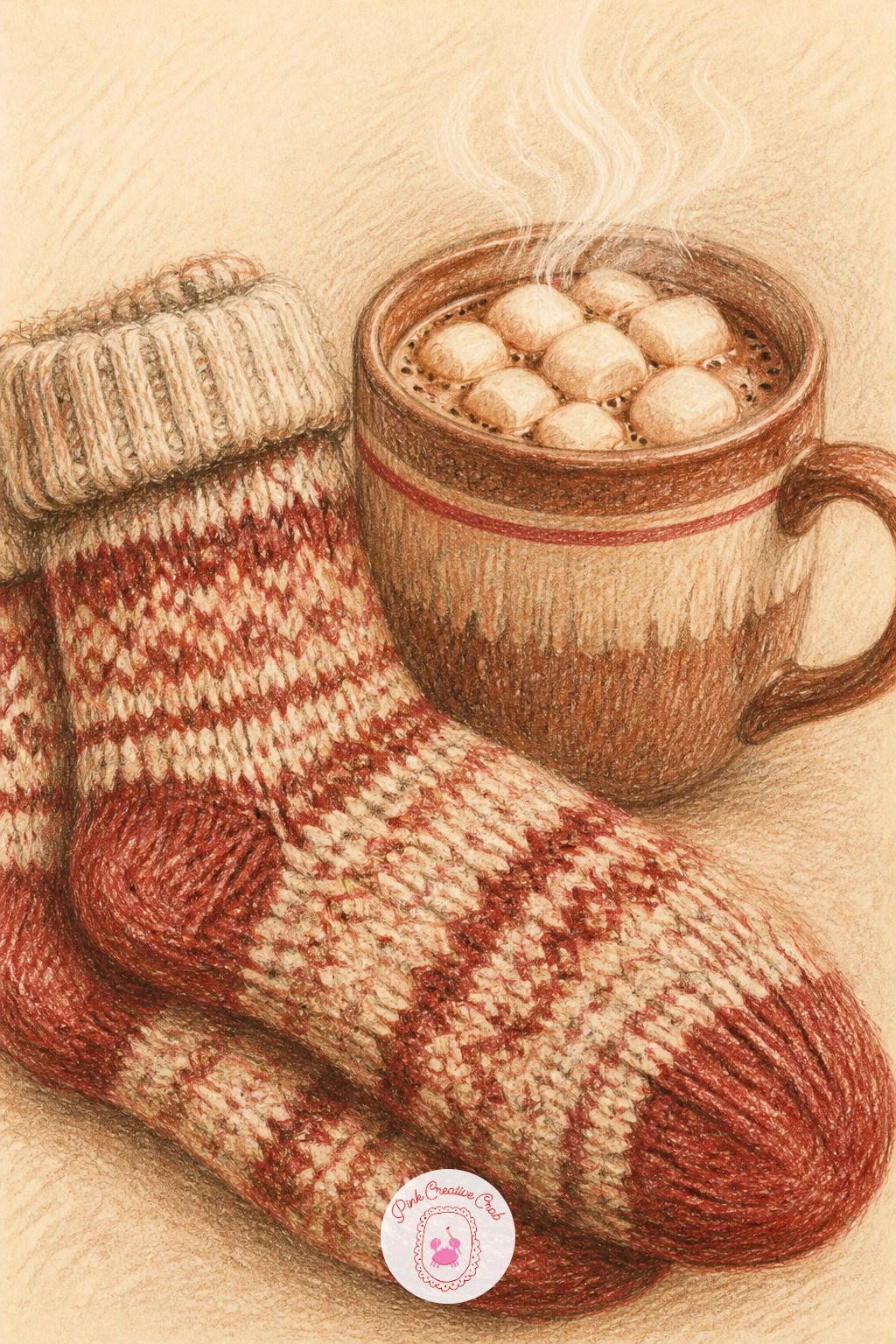Wool Socks By A Cocoa Mug — Keep this one a simple still life: a pair of wool socks laid beside a mug of cocoa topped with marshmallows, both sitting on a