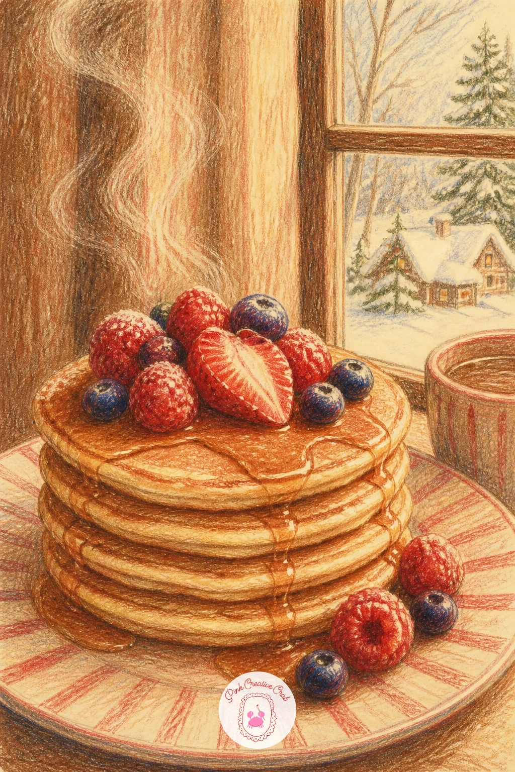 Pancakes With Berries By A Snowy View — Center the striped plate first, then stack the pancakes on top in slightly uneven circles, since perfectly round