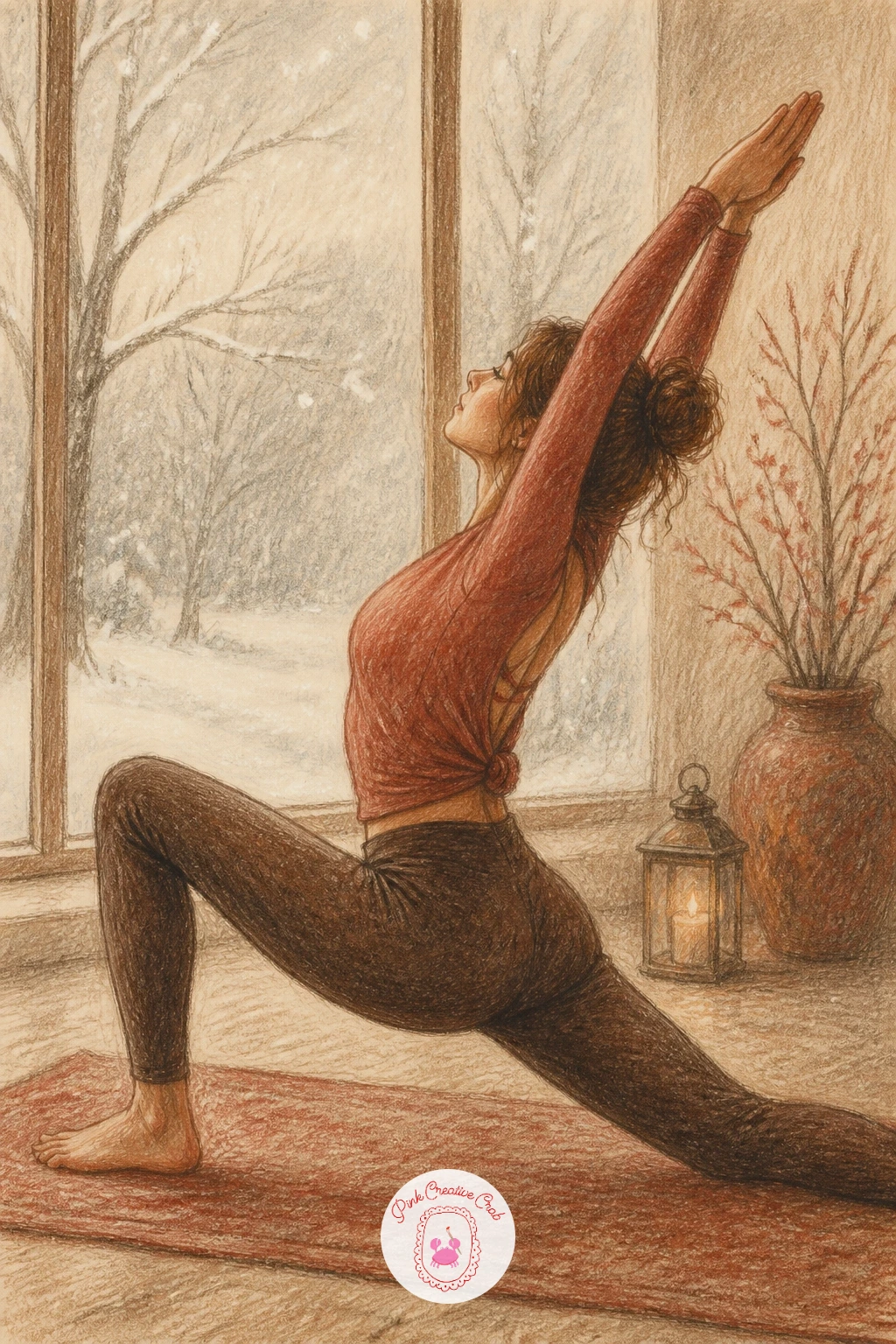 Woman Doing Yoga As Snow Falls — This scene asks for a simple seated or stretching pose, so sketch the body in loose gesture lines first before adding the rug