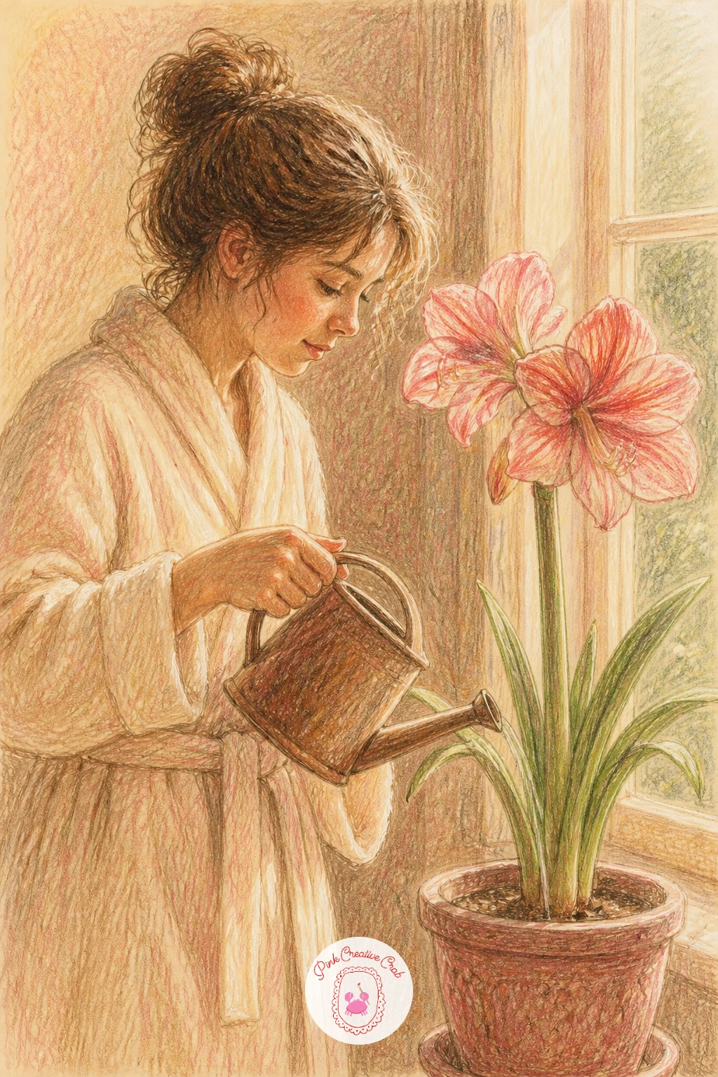 Girl Watering A Pink Amaryllis — Watering a pink amaryllis in a robe makes a lovely quiet moment, so sketch the tall flower stem and bloom first since it