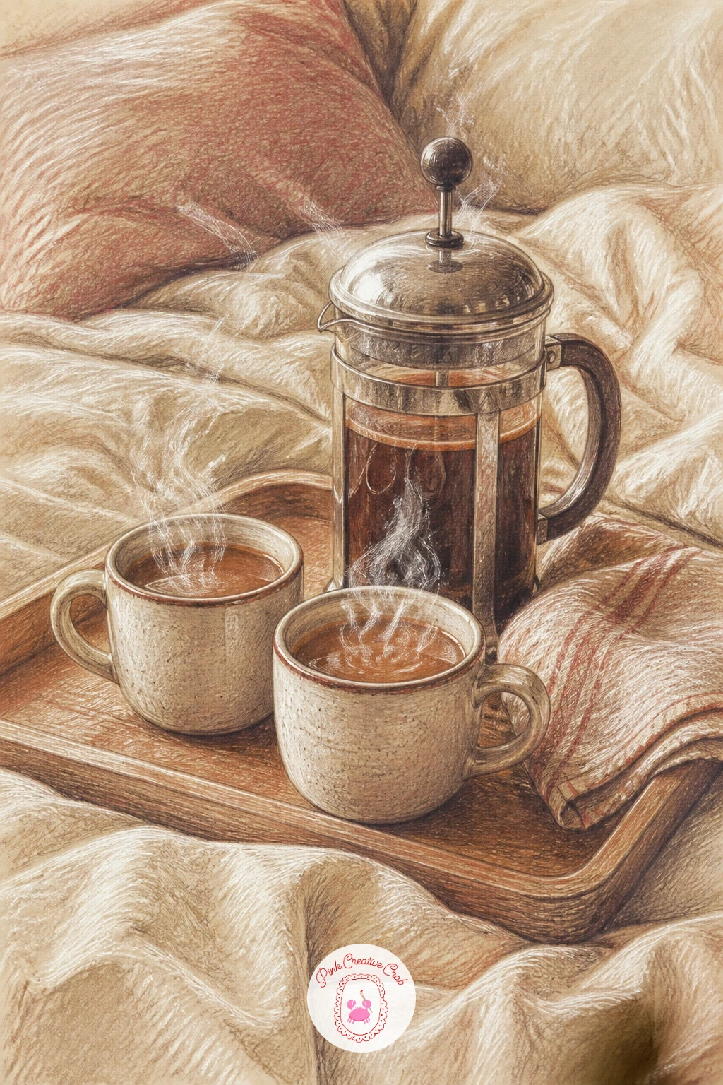 French Press On A Wooden Tray In Bed — Keep this still life grounded by drawing the wooden tray first as a simple rectangle, then place the French press and
