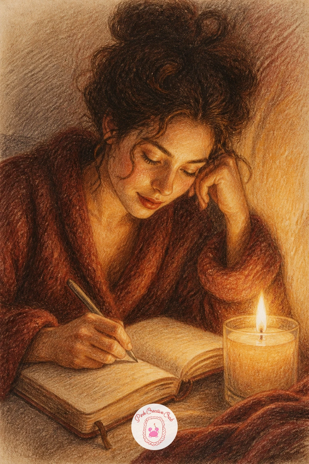 Woman Journaling By Candlelight — Writing in a journal with a candle lit is a quiet close up scene, so sketch her hands and the open notebook first, since