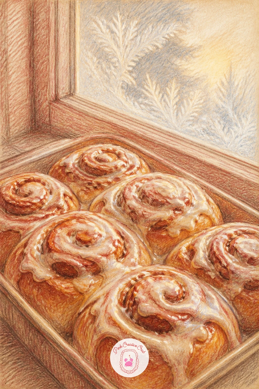 Cinnamon Buns By The Window — A tray of fresh cinnamon buns cooling by the window is a fun still life because the swirl pattern does most of the work. Winter