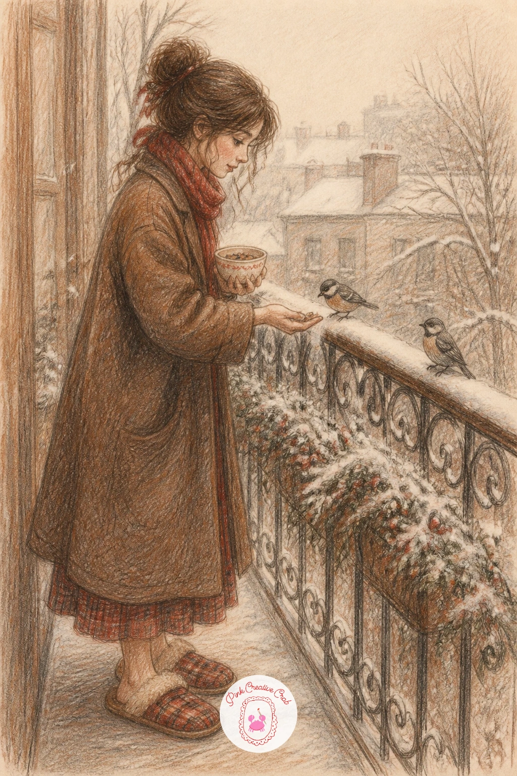 Girl Feeding Birds On A Snowy Balcony — Sketch the girl first in slippers and a cozy coat, leaning slightly forward with a small handful of seed, then add the