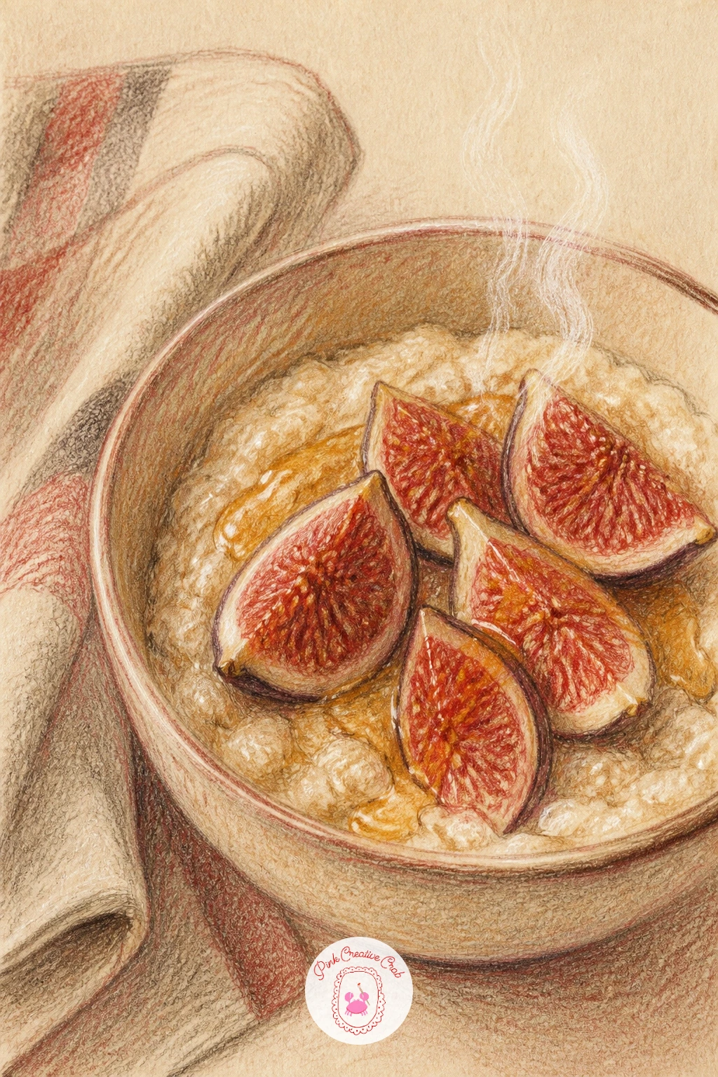 Porridge With Figs And Honey — Center the bowl of porridge first as a simple oval rim, then build the porridge surface inside with soft grainy texture before