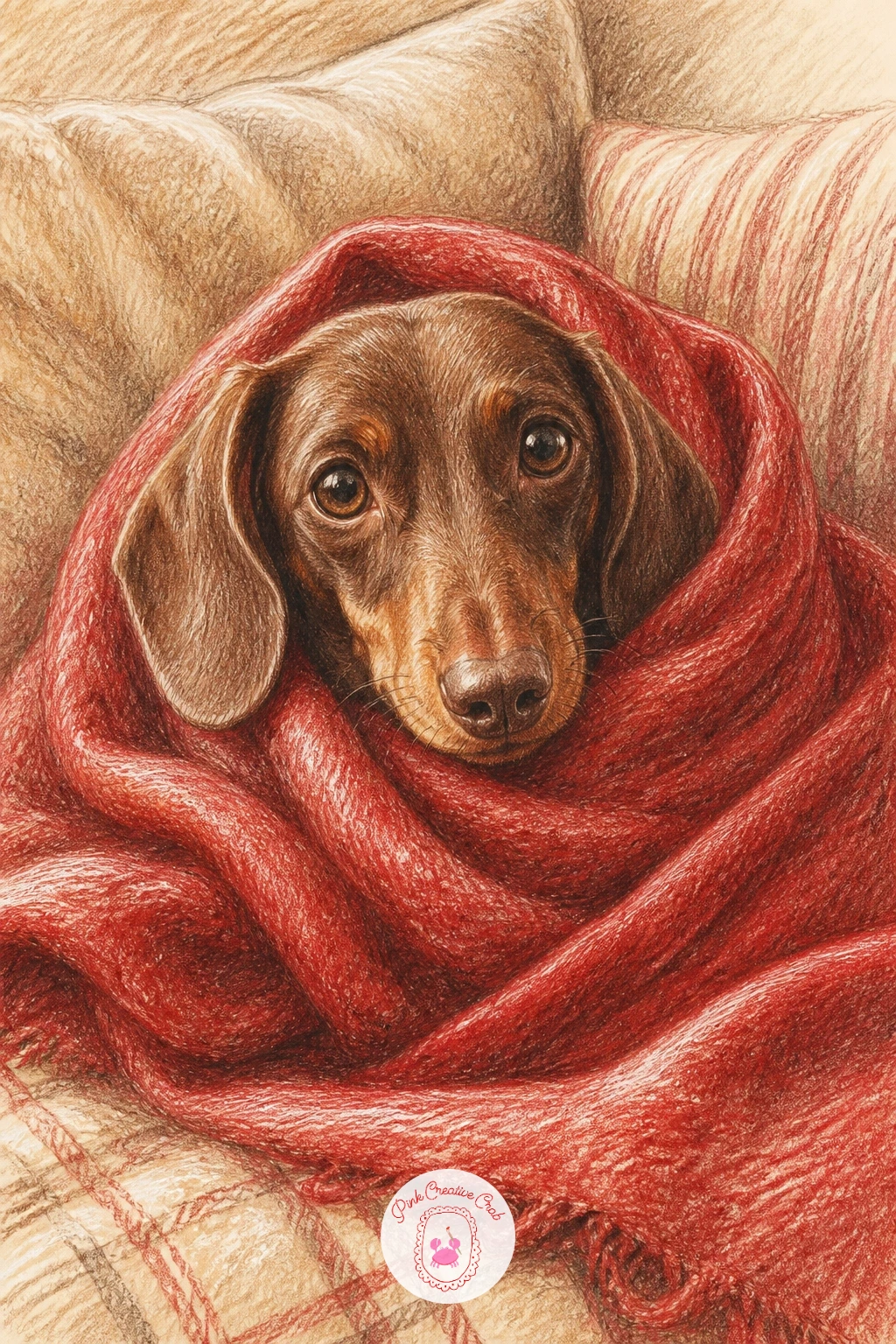Dachshund Wrapped In A Blanket — A dachshund wrapped in a blanket on the sofa is mostly about the long low body shape, so sketch the torso first as a stretched