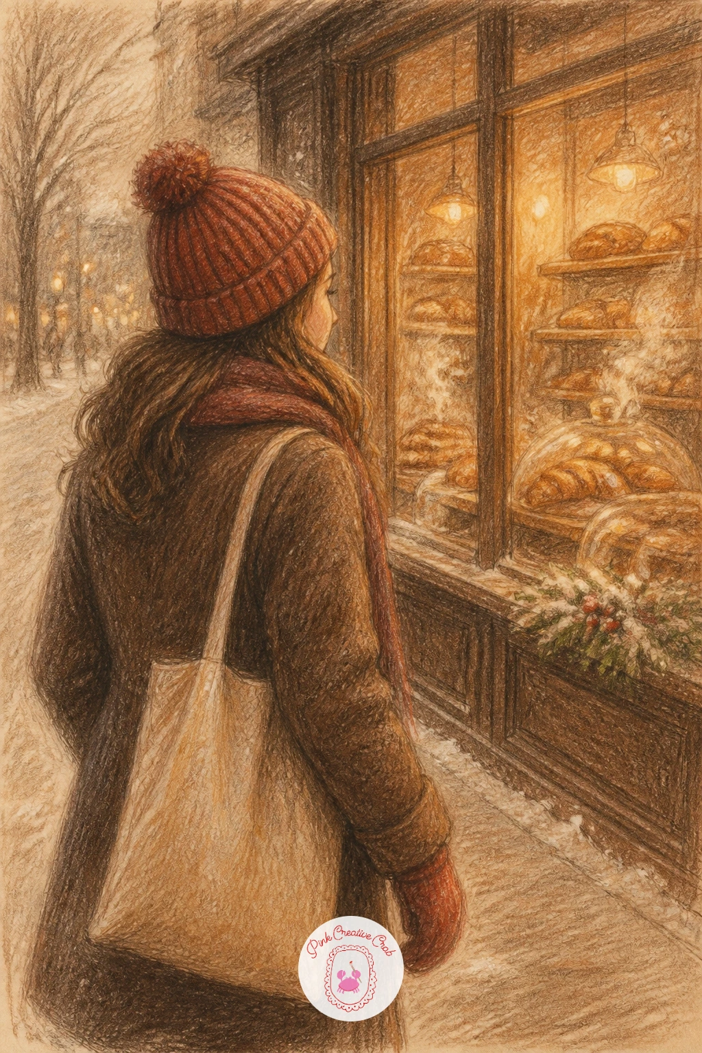 Woman Walking To The Bakery — This one is a small street scene, so place the woman in a beanie and coat first, tote bag swinging from one arm, then add just