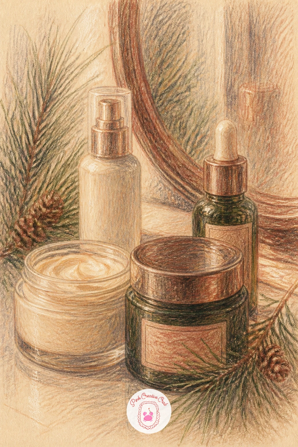 Vanity With Skincare Jars And Pine — Arrange a small still life here: a few skincare jars of different heights grouped on a vanity surface, with a single sprig