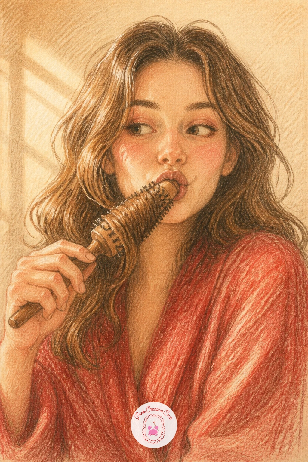 Girl Curling Her Hair With A Brush — This playful scene starts with the girl's head and shoulders, hairbrush held up like a microphone near her mouth, hair mid