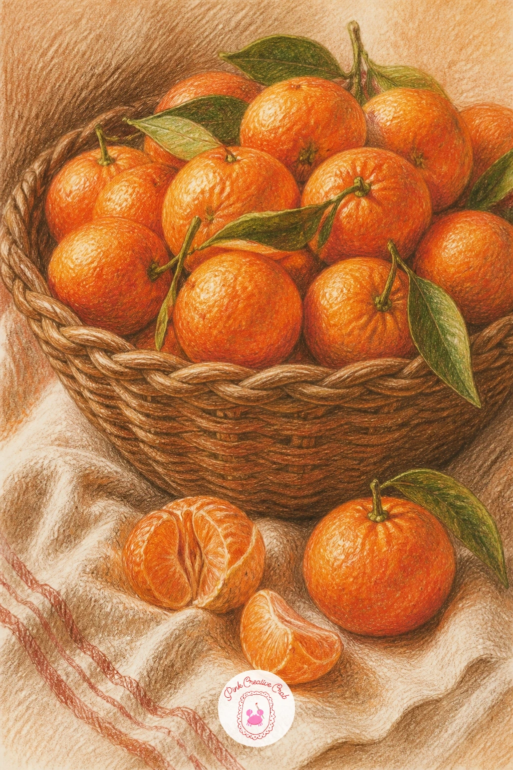 Basket Of Clementines On Linen — A basket of clementines is a forgiving still life, so sketch the woven basket shape first, then pile the clementines inside in