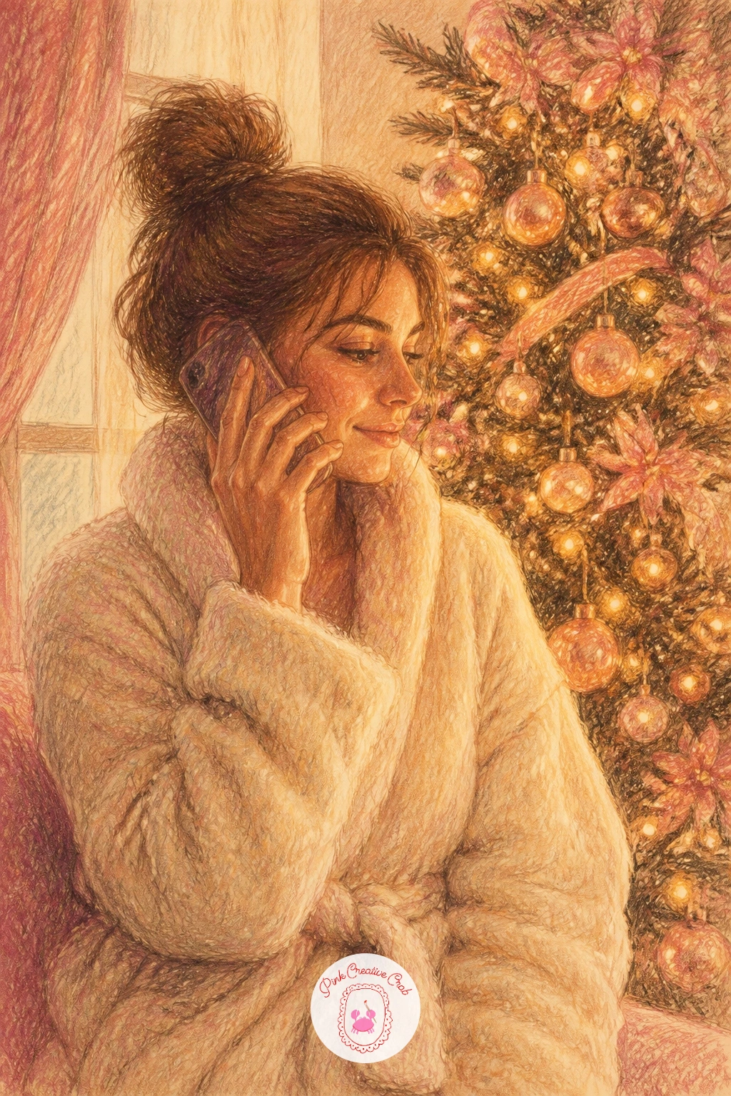 Woman On The Phone By The Tree — Sketch the woman first in a fluffy robe, phone held to her ear, standing or sitting near a glimpse of tree lights in the