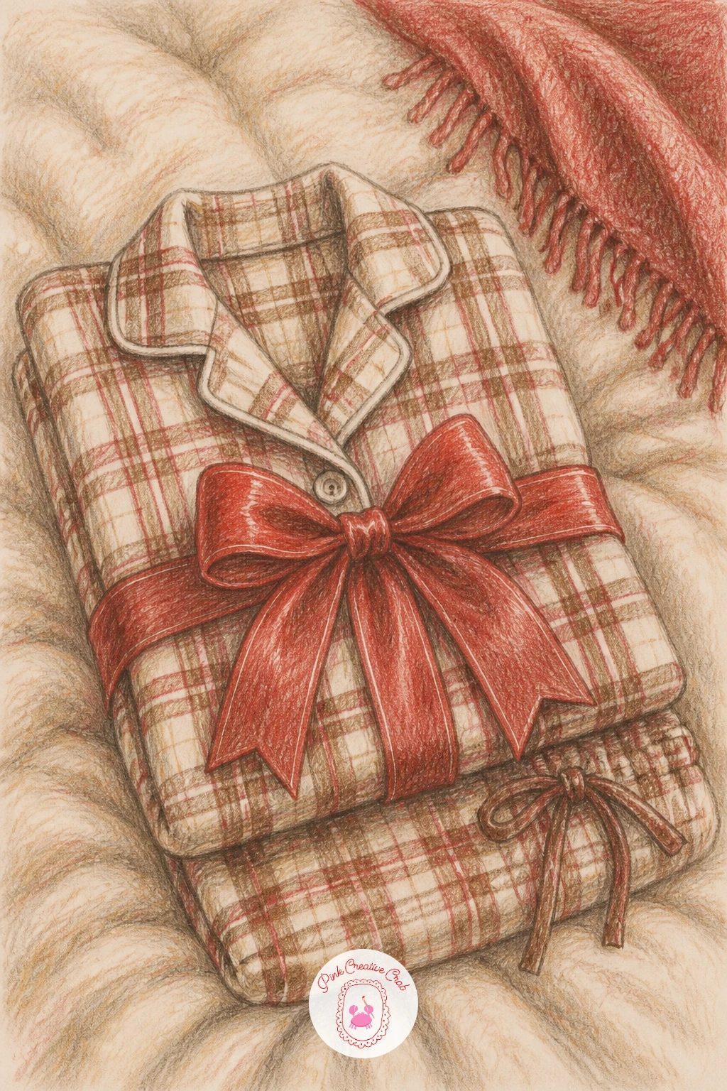 Matching Pajamas With A Gift Bow — This still life is all flat fabric, so sketch the folded pajama set as two simple stacked rectangles, top and bottoms, then