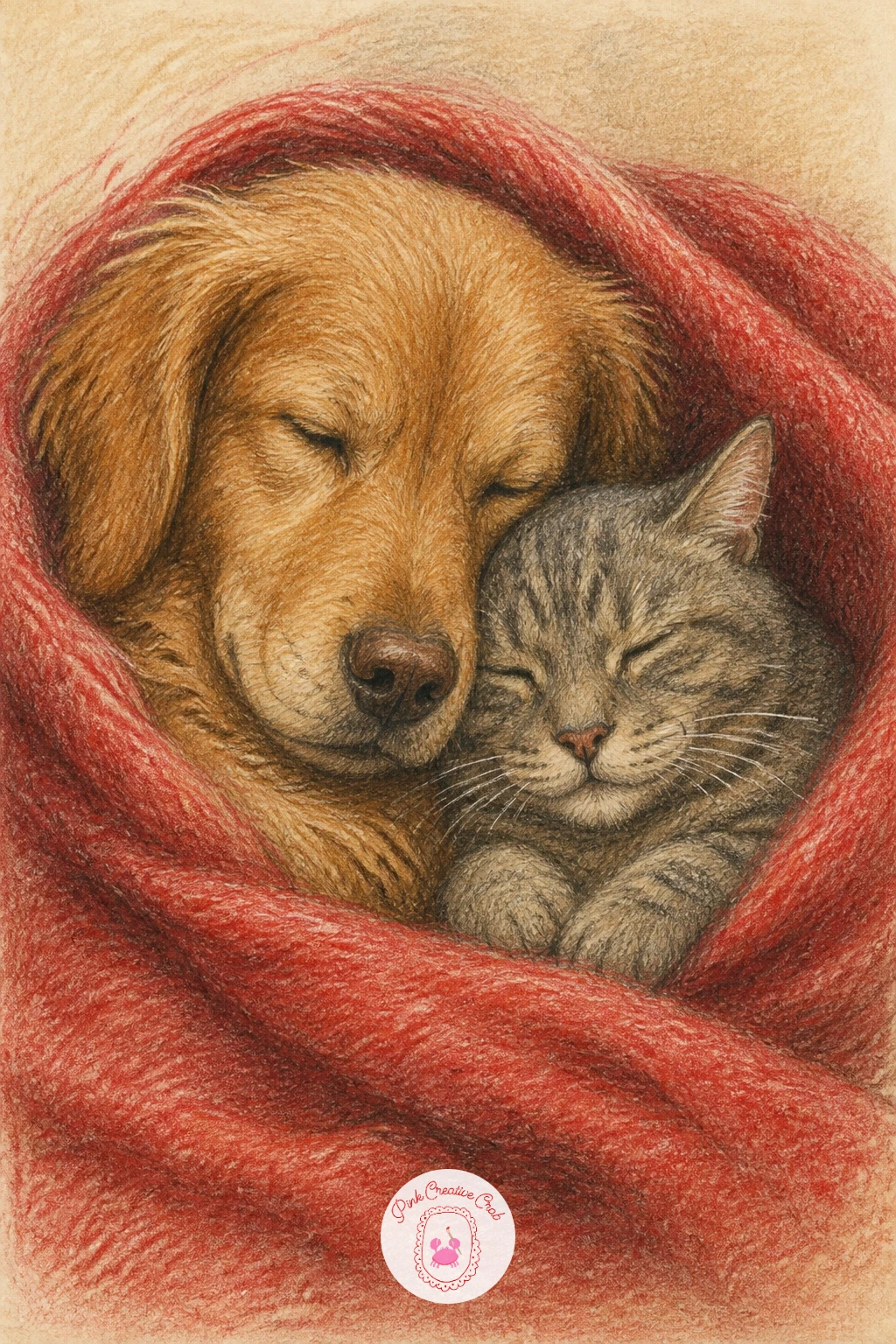 Dog And Cat Sharing A Blanket — Sketch the dog and cat curled together first, overlapping shapes rather than two separate drawings side by side, since the