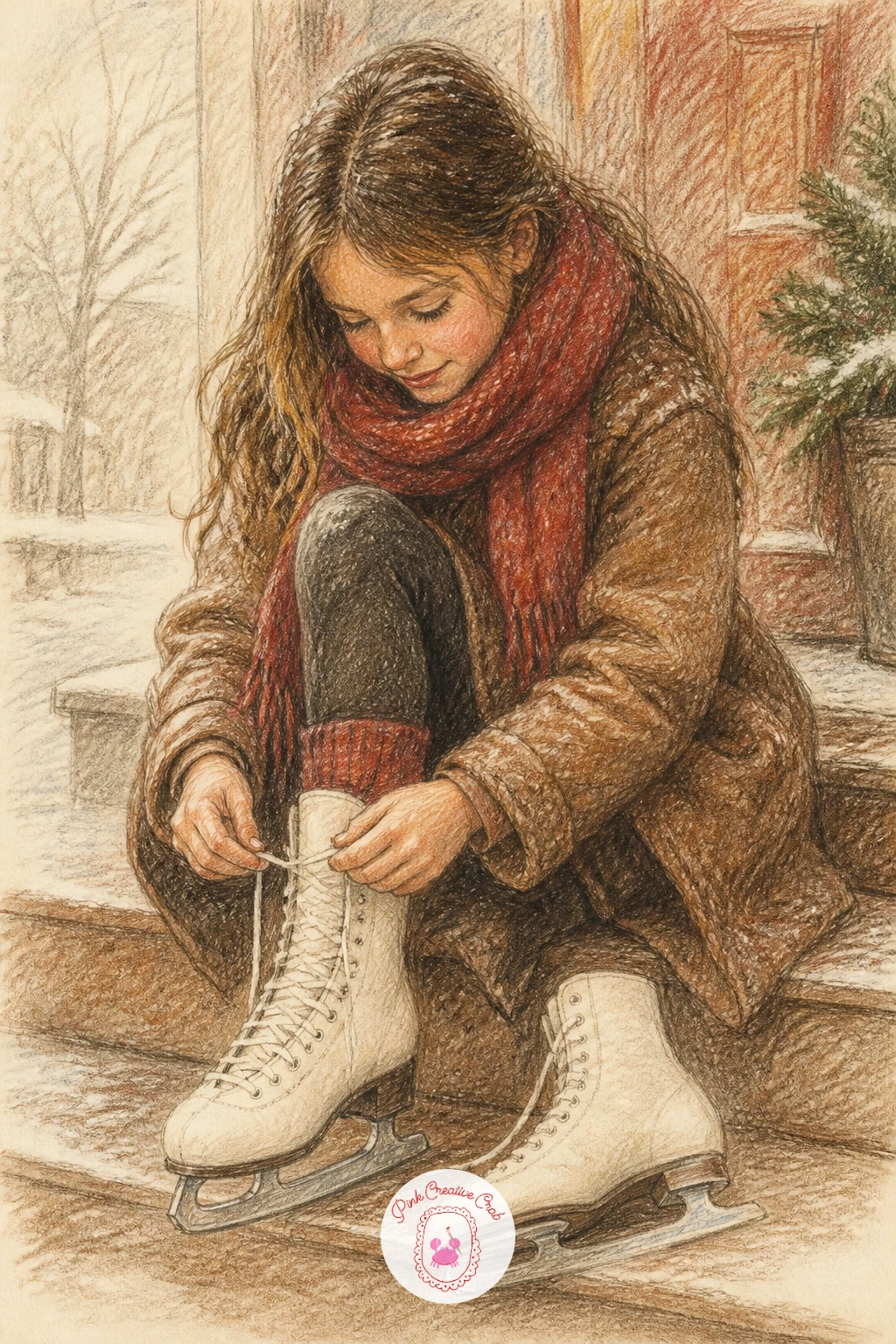 Girl Lacing Ice Skates On The Doorstep — Sketch the girl seated on a doorstep or low step, one leg extended with a white ice skate laced halfway up, hands