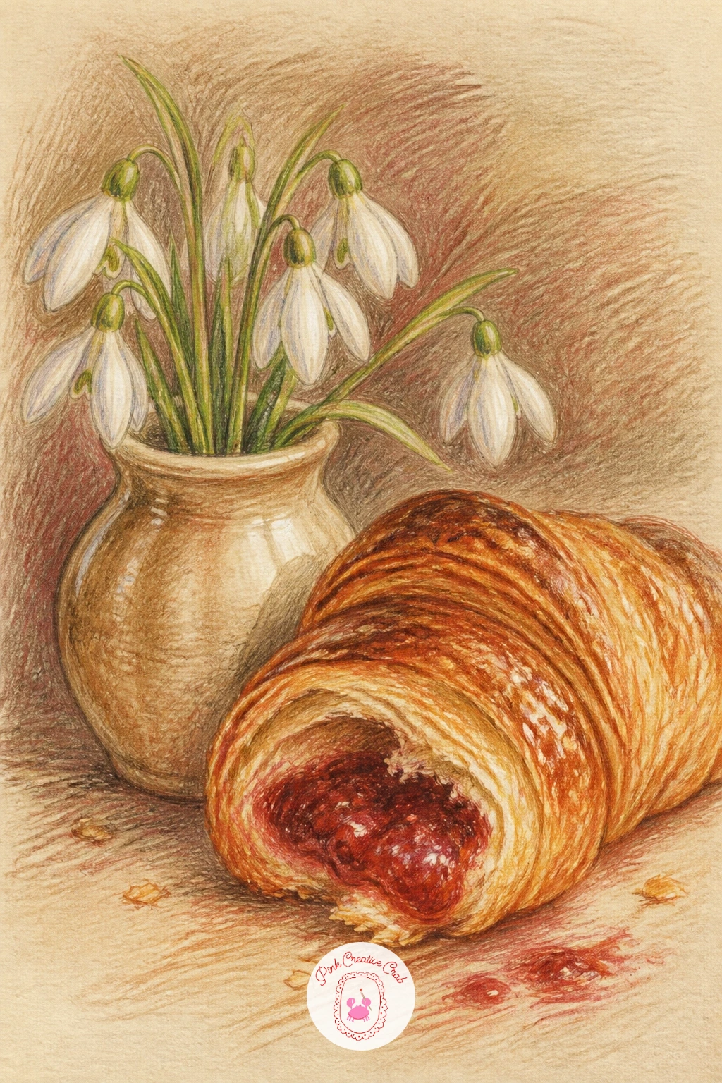 Croissant With Snowdrops In A Tiny Vase — Keep this still life small and simple: a croissant, a dab of jam and a tiny vase holding one or two snowdrop flowers