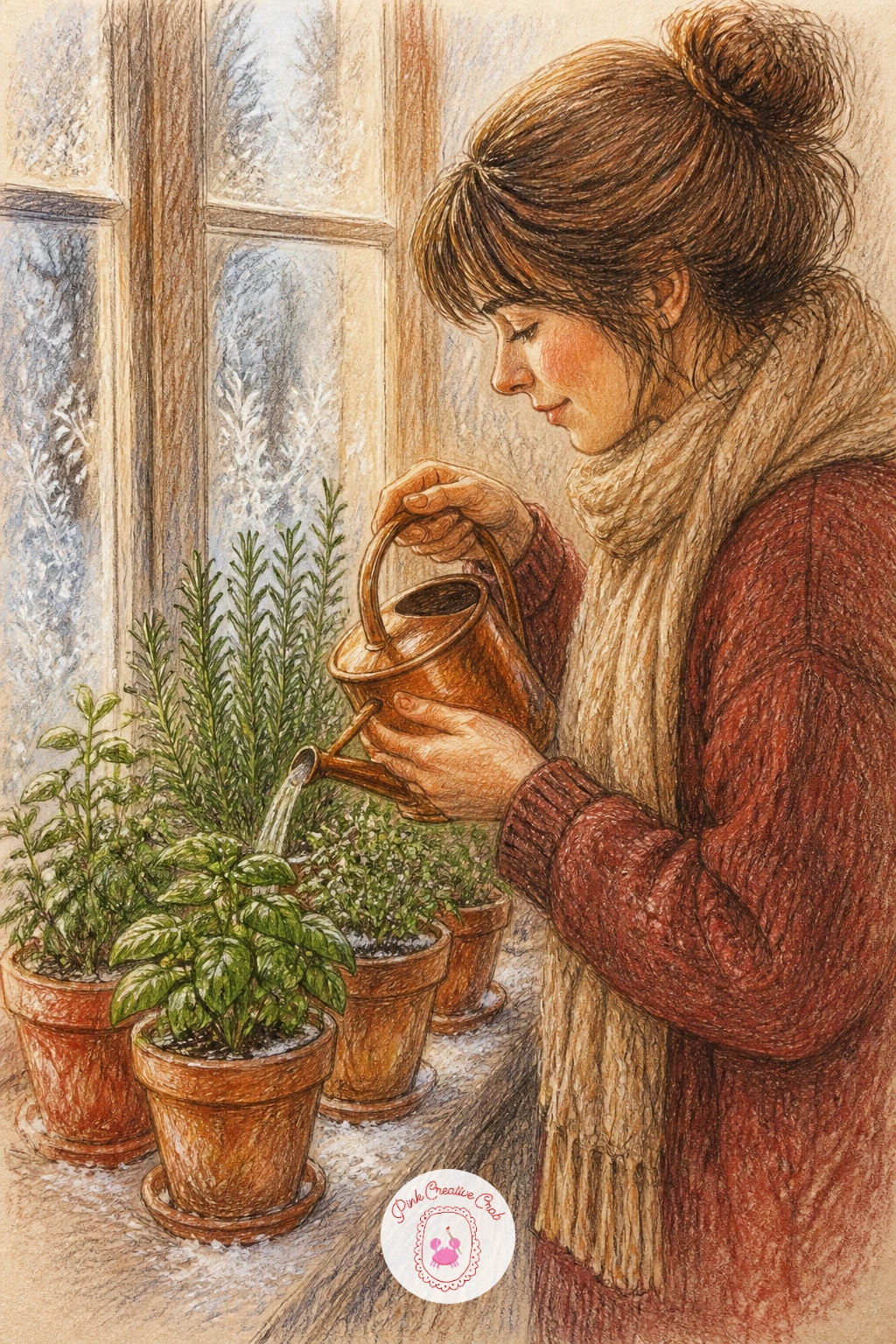 Woman Watering Herbs On A Frosty Sill — Sketch the row of small herb pots along the windowsill first, varying their heights slightly, then add the woman's hand