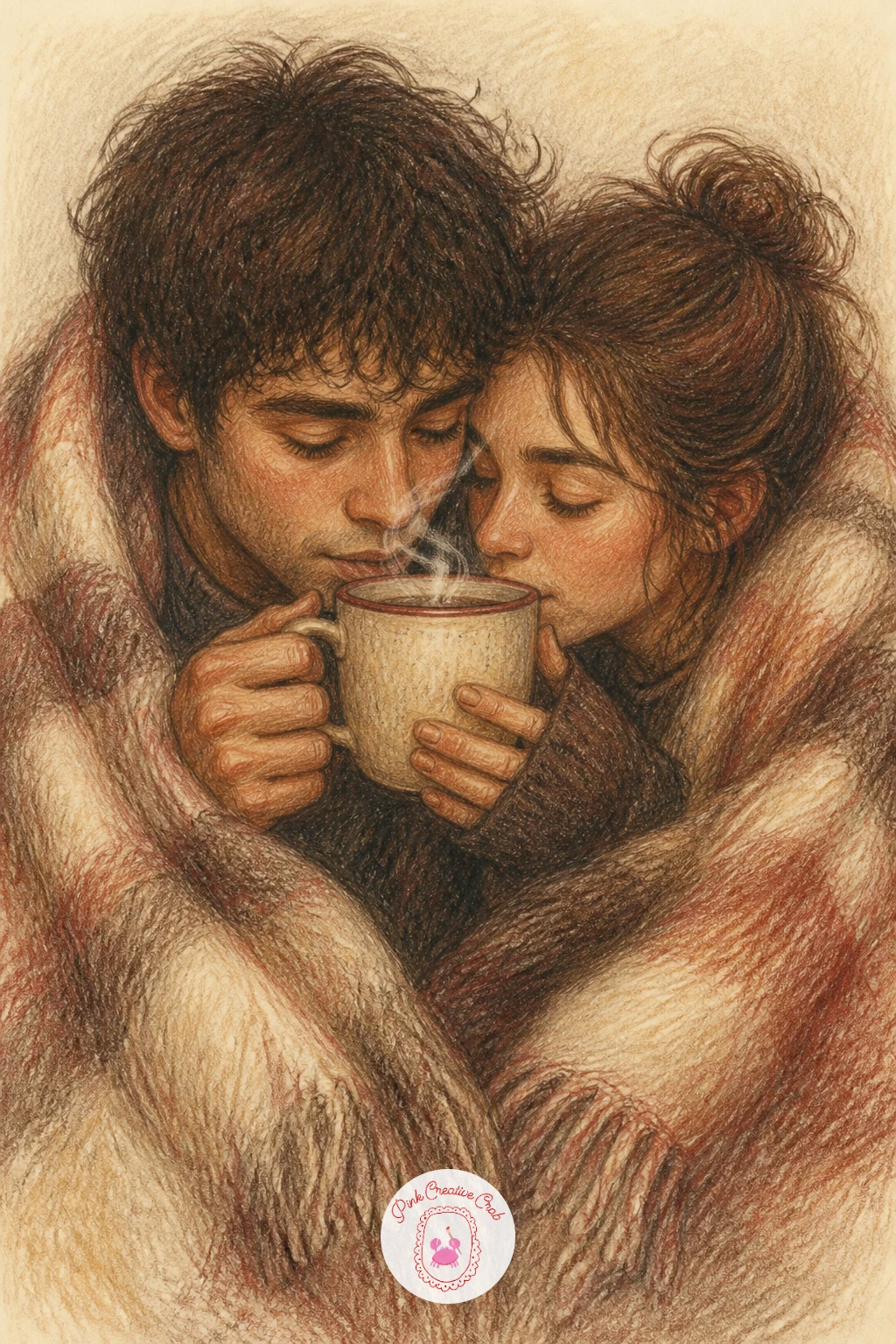 Sleepy Couple Sharing Coffee — This cozy scene starts with two simple seated shapes close together under one shared blanket, shoulders touching, a single