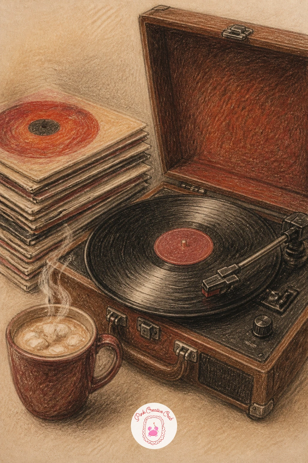 Record Player With Vinyl Stack — Sketch the record player first as a simple rectangular base with a circular turntable on top, then add the stack of vinyl