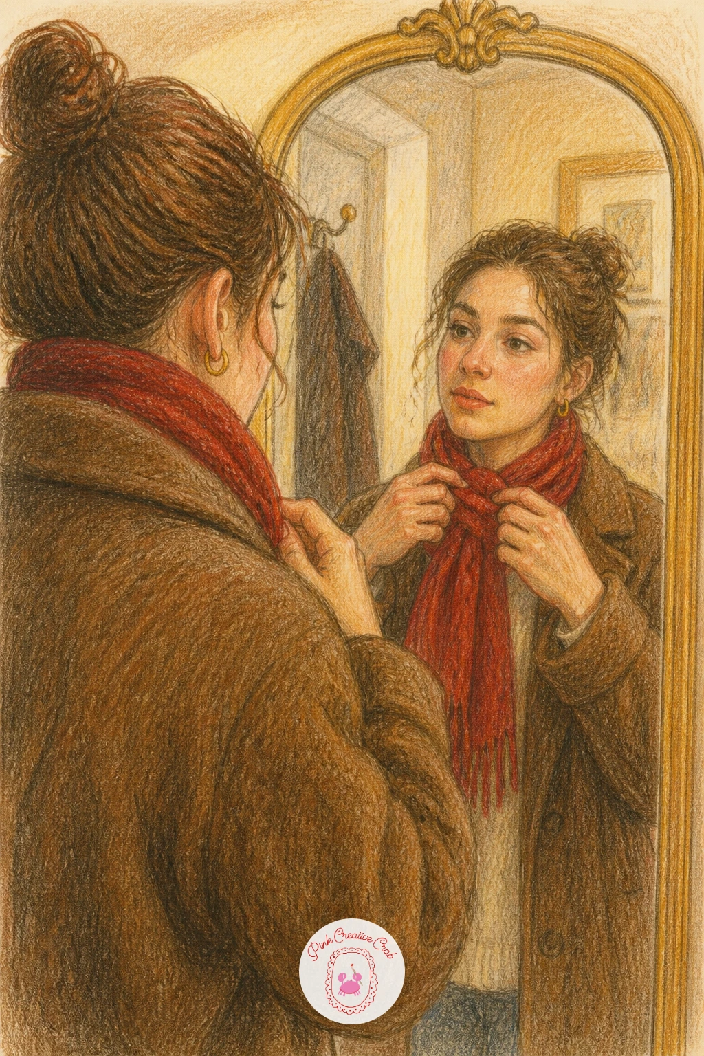 Girl Tying A Red Scarf In The Mirror — Sketch the mirror frame first as a simple oval or rectangle, then build the girl's reflection inside it, hands caught
