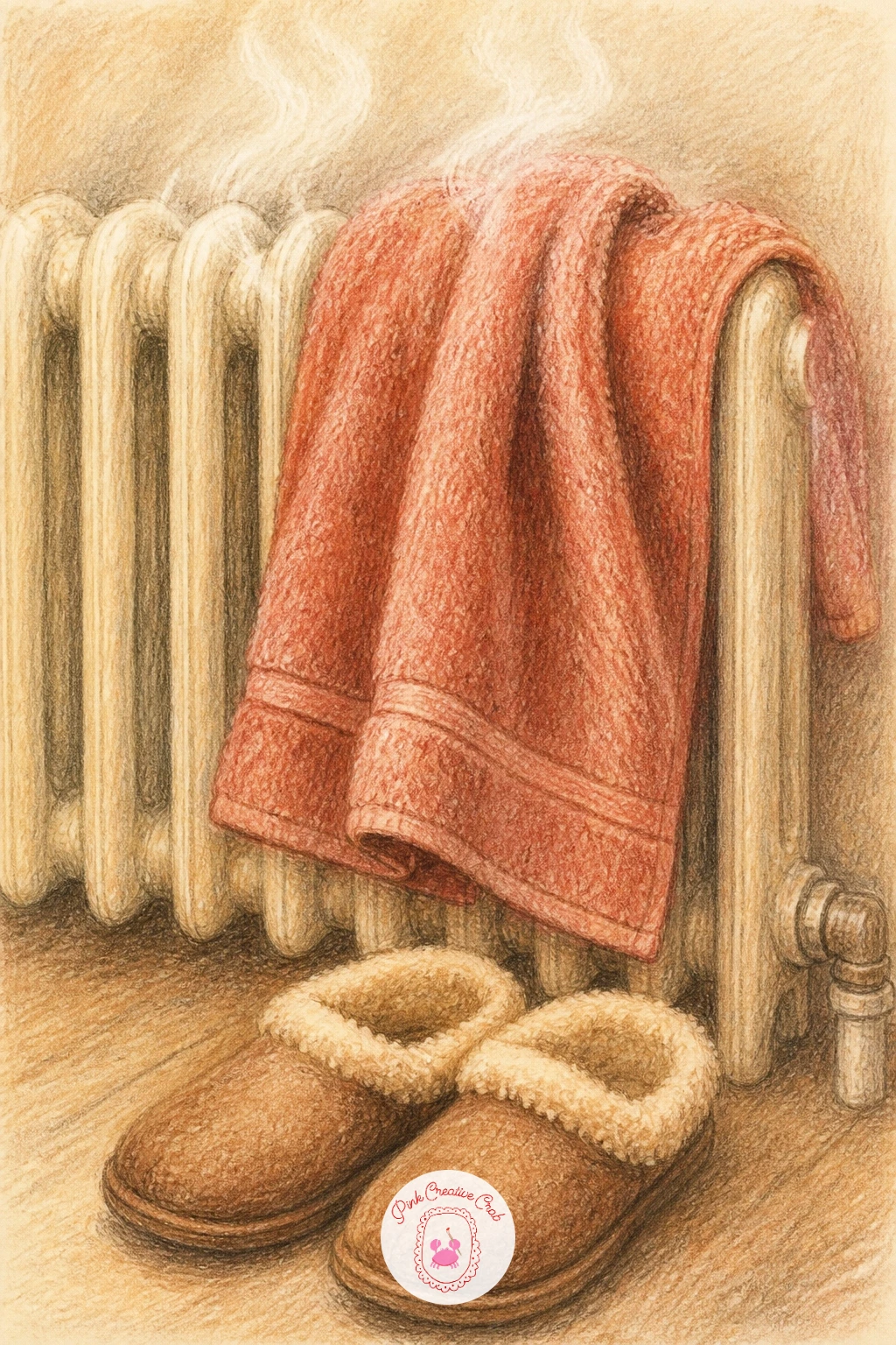 Warm Towel On A Radiator — This is a simple object study: a folded bath towel draped over a radiator with a pair of slippers resting beneath on the floor.
