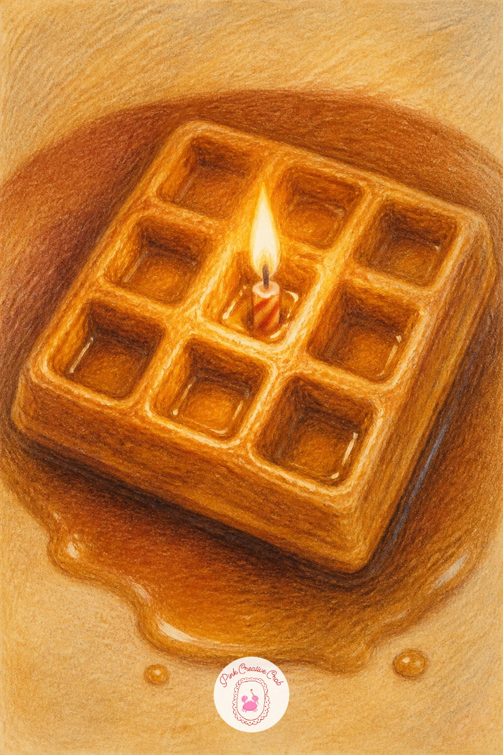 Waffles With A Candle In The Center — Sketch the waffle first as a square with its grid pattern of small indentations, then add a single small candle standing