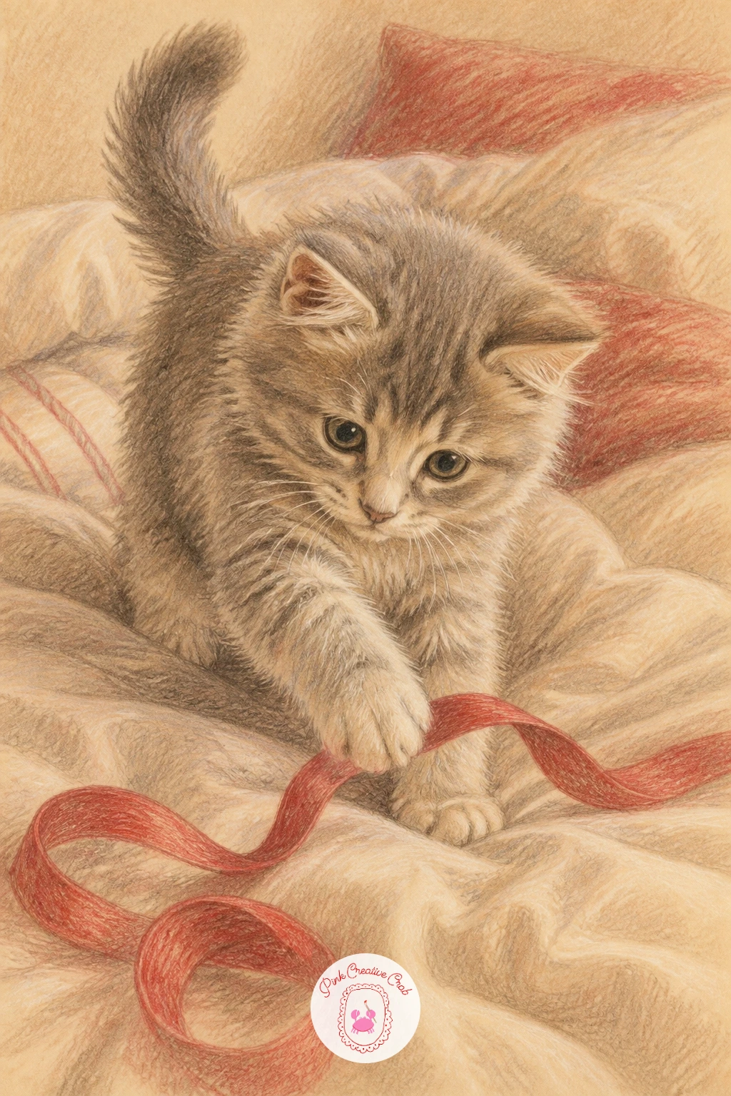 Kitten Playing With A Ribbon — Sketch the kitten first in a playful pose, one paw raised and batting at a ribbon trailing across the unmade bed. Winter morning