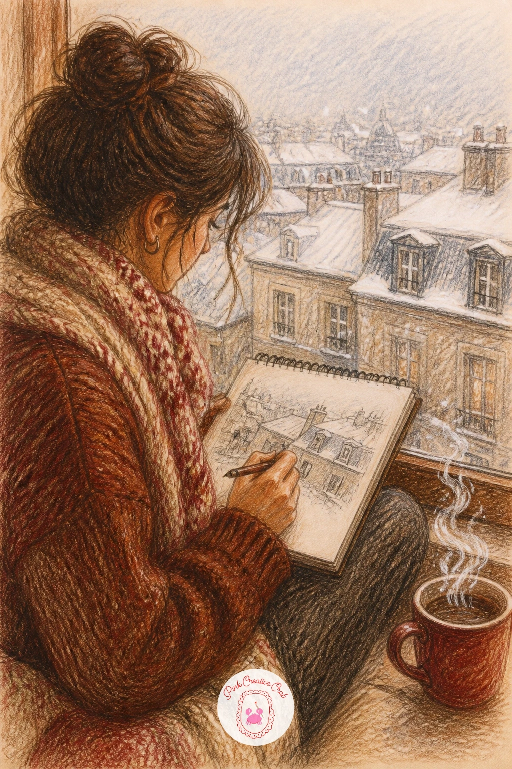 Woman Sketching The Snowy View — This scene within a scene shows a woman seated with her own notebook, pencil in hand, sketching the snowy window view in front