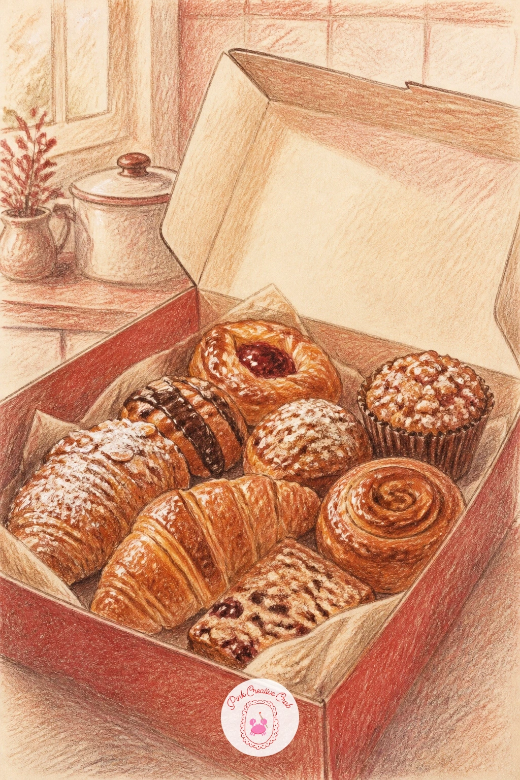 Bakery Box Opened On The Counter — Sketch the bakery box first as a simple open rectangle with its lid tilted back, then fill the inside with an assortment of