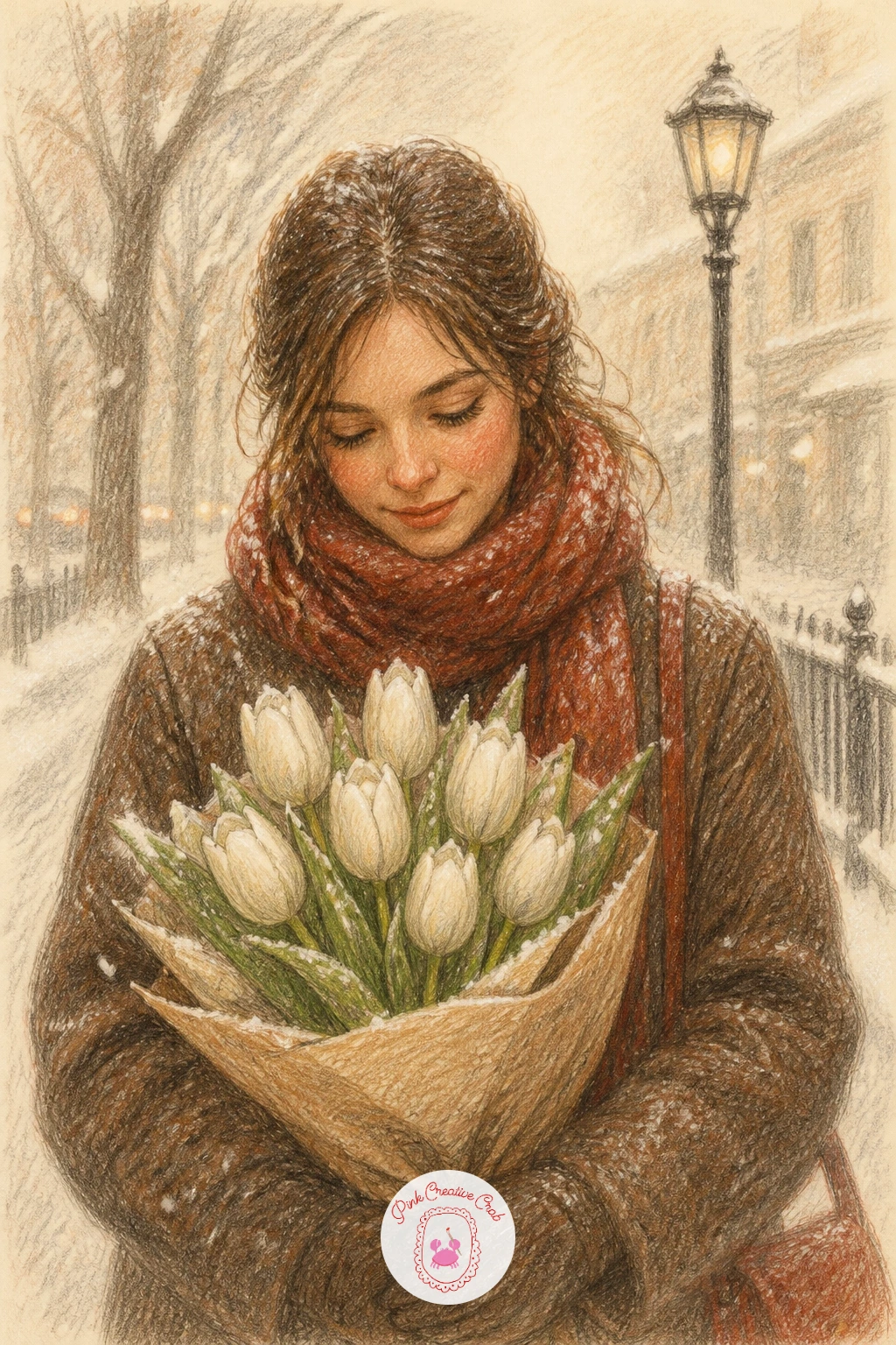 Woman Holding White Tulips In The Snow — Close the set with a quiet street moment: a woman standing in falling snow, holding a bouquet of white tulips close to