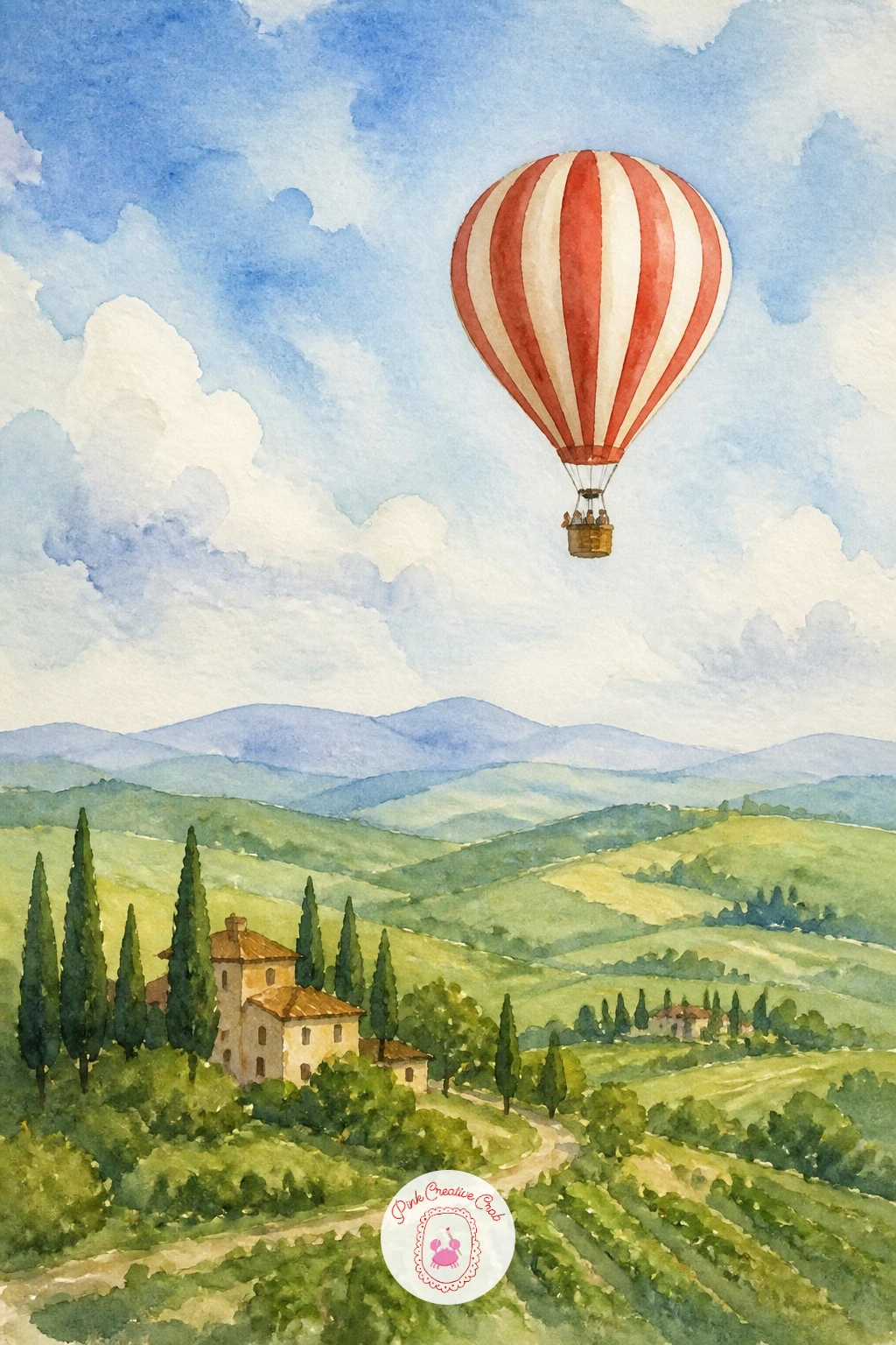 Balloon Over Tuscan Hills — Moving from Cappadocia's valleys to Tuscany's rolling hills, this scene trades drama for a gentler, more pastoral mood. Watercolor
