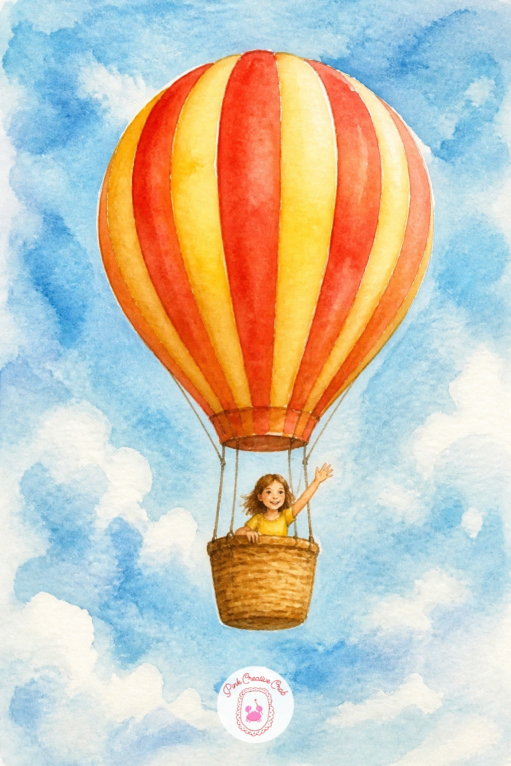 Girl Waving From A Balloon Basket — Time to bring a little character into the sky. Watercolor hot air balloon