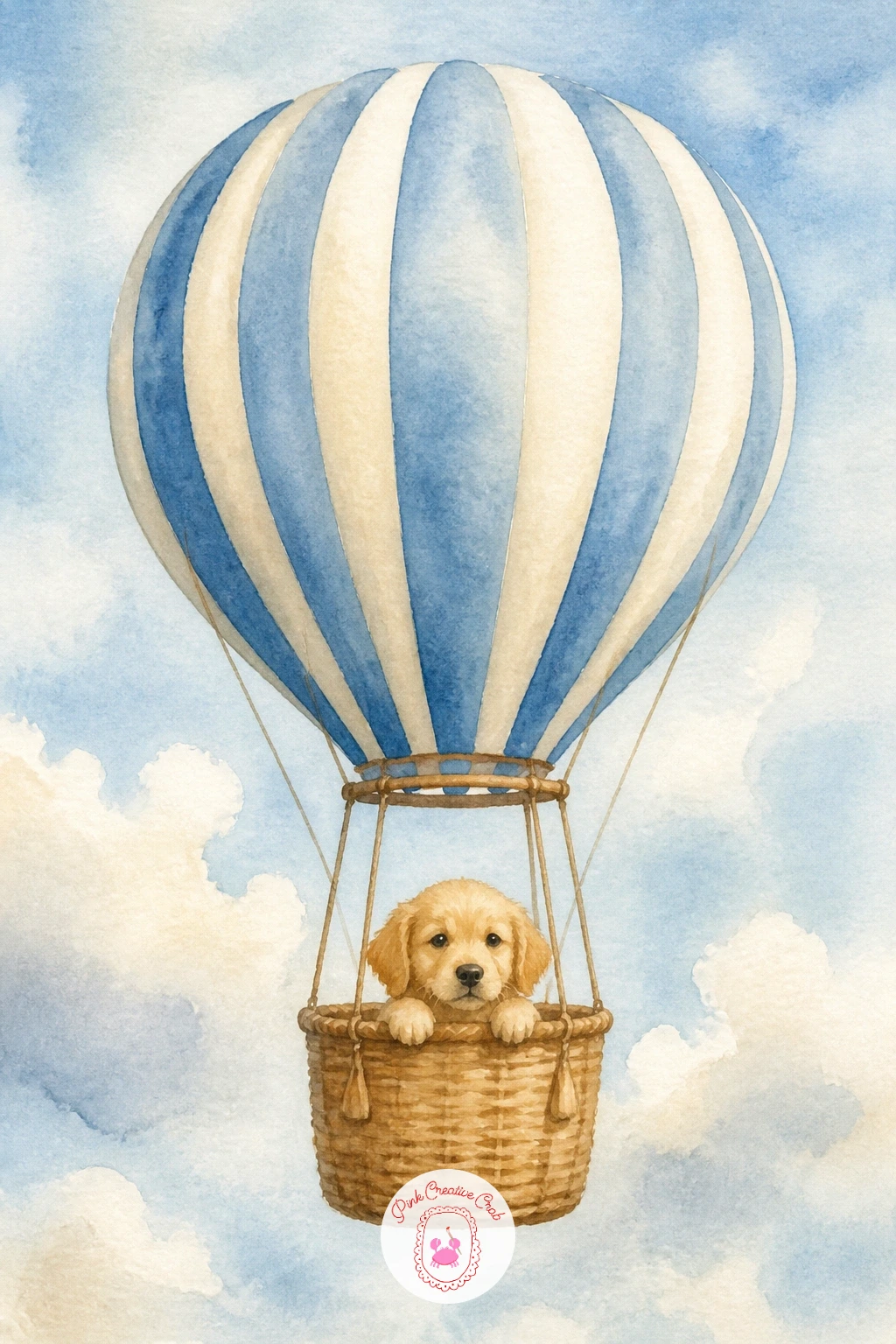 Balloon With A Dog In The Basket — Following the girl in the basket, here is a sweeter variation with a small dog as the passenger instead. Watercolor hot air